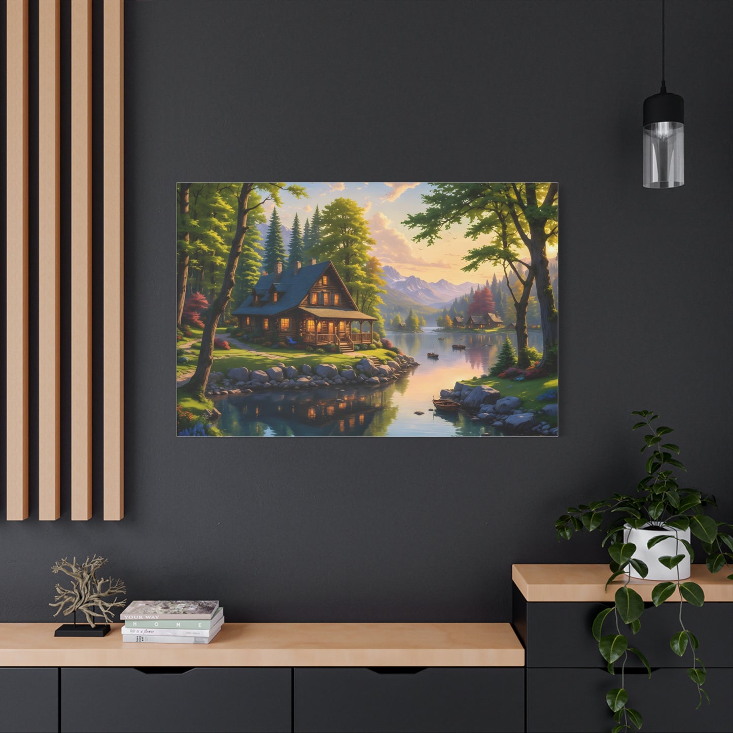 Canvas Wall Art - Cabin on the Lake, Thomas Kinkade Homage