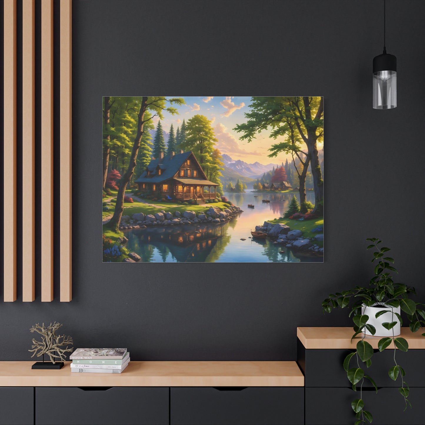 Canvas Wall Art - Cabin on the Lake, Thomas Kinkade Homage