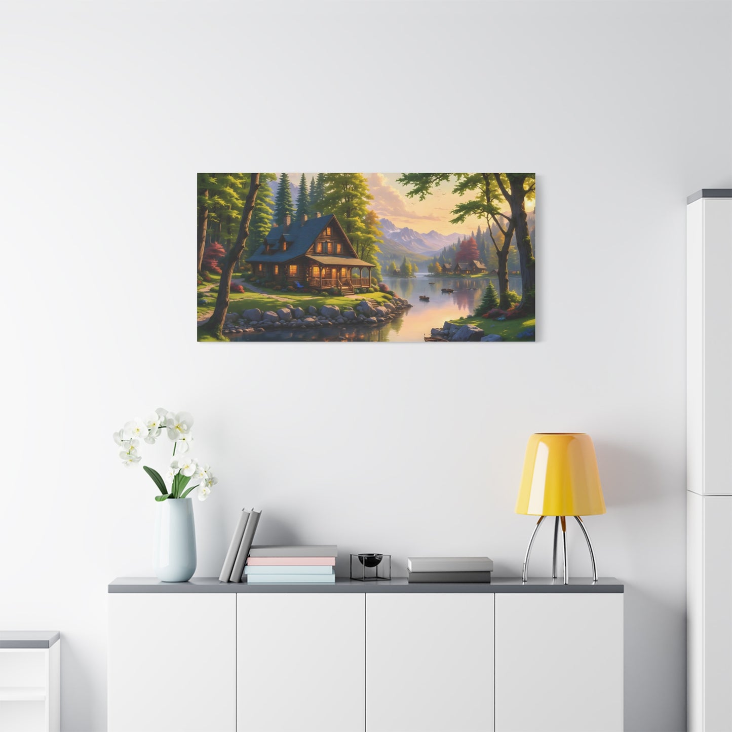 Canvas Wall Art - Cabin on the Lake, Thomas Kinkade Homage