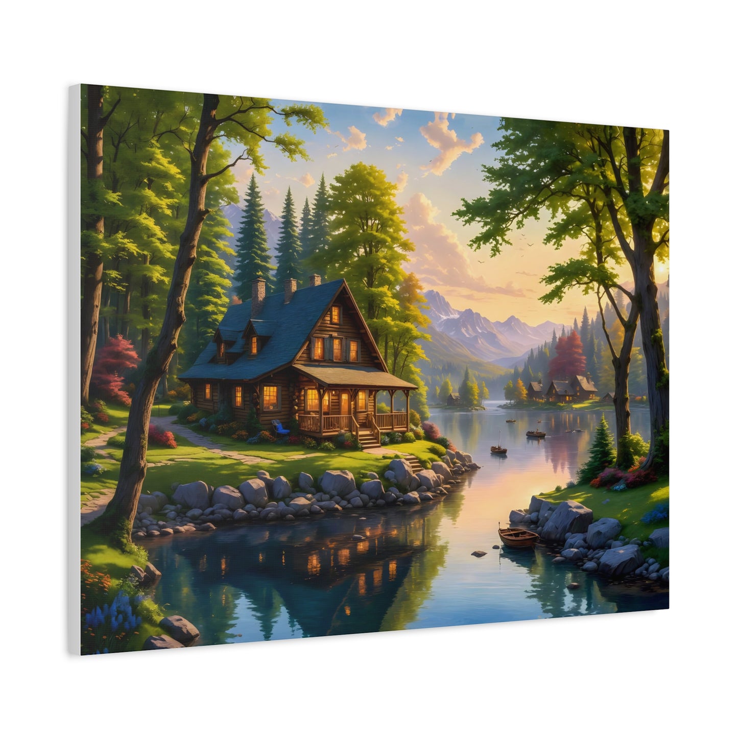 Canvas Wall Art - Cabin on the Lake, Thomas Kinkade Homage