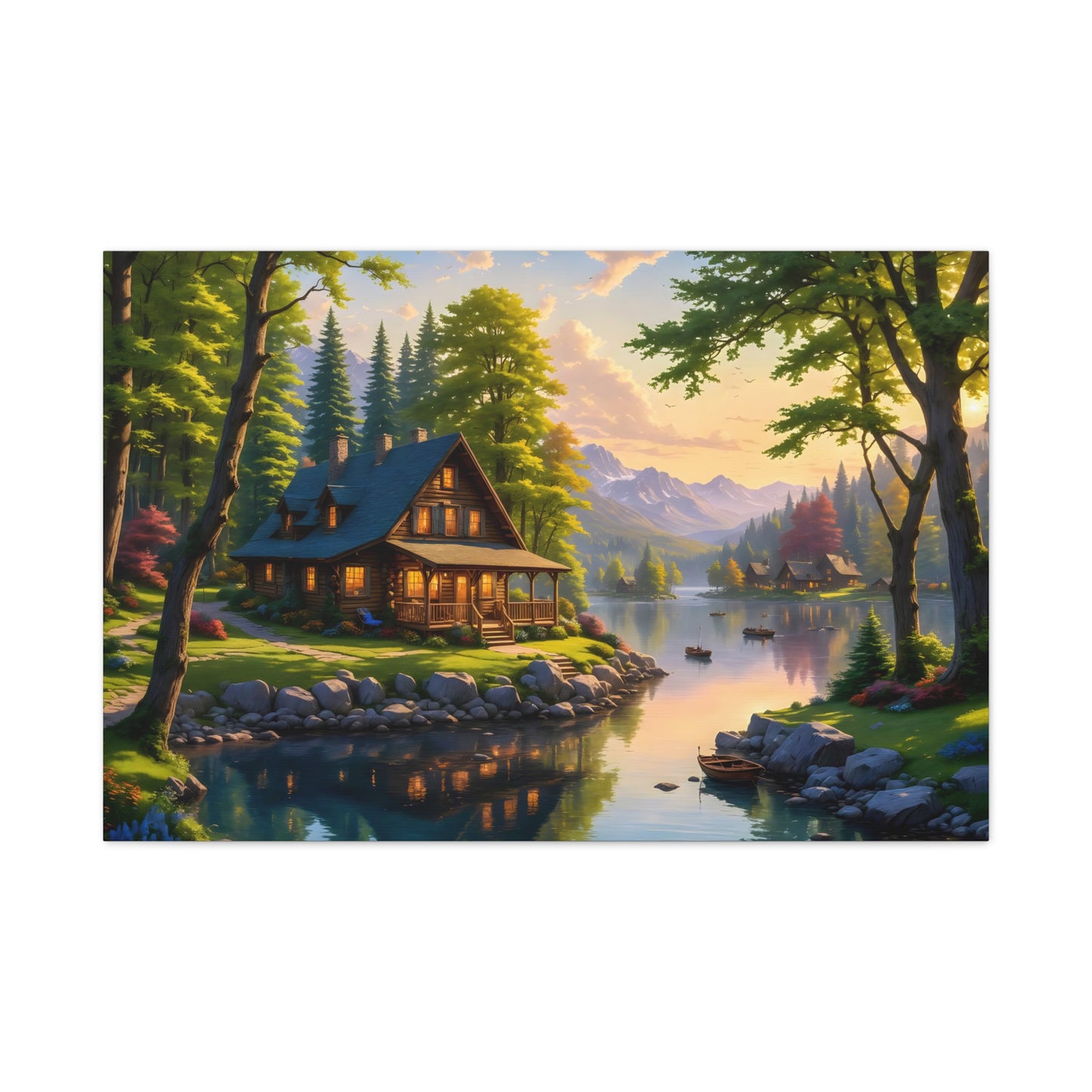 Canvas Wall Art - Cabin on the Lake, Thomas Kinkade Homage