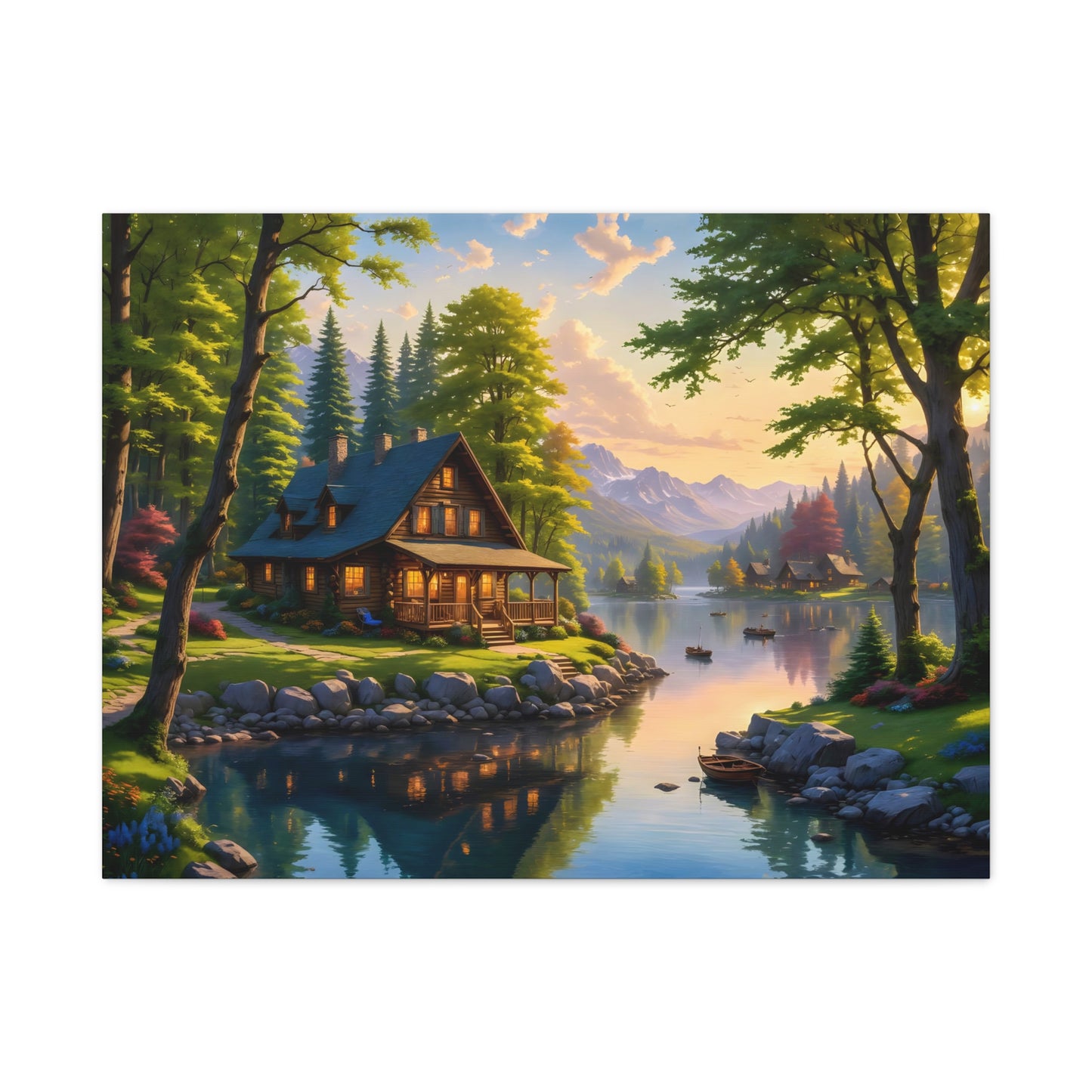 Canvas Wall Art - Cabin on the Lake, Thomas Kinkade Homage