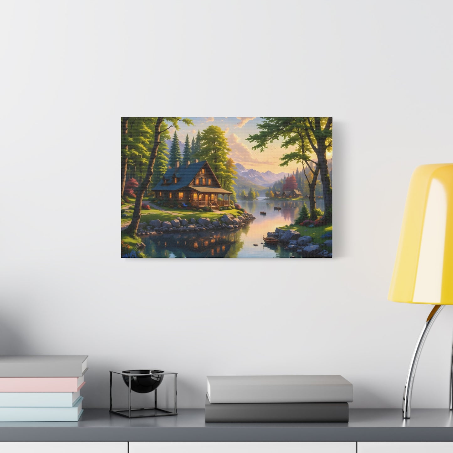 Canvas Wall Art - Cabin on the Lake, Thomas Kinkade Homage