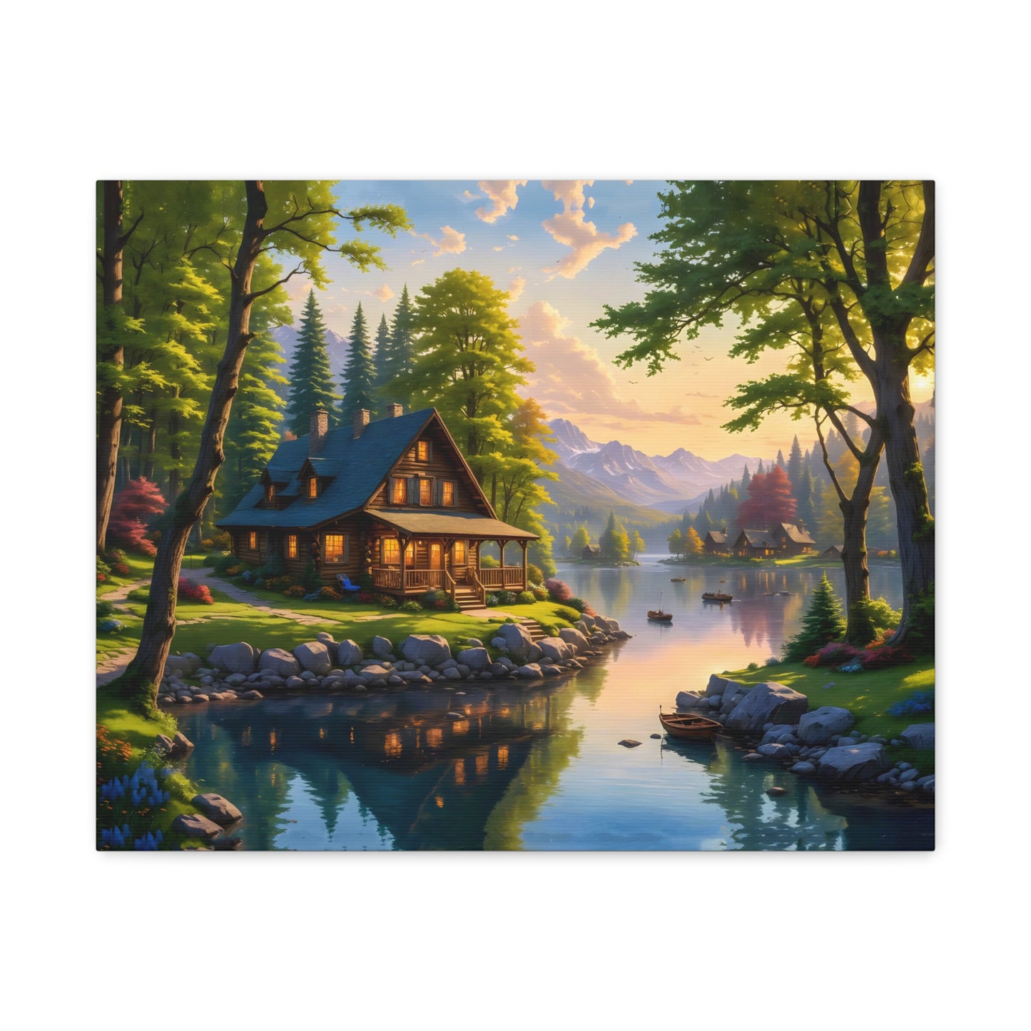 Canvas Wall Art - Cabin on the Lake, Thomas Kinkade Homage