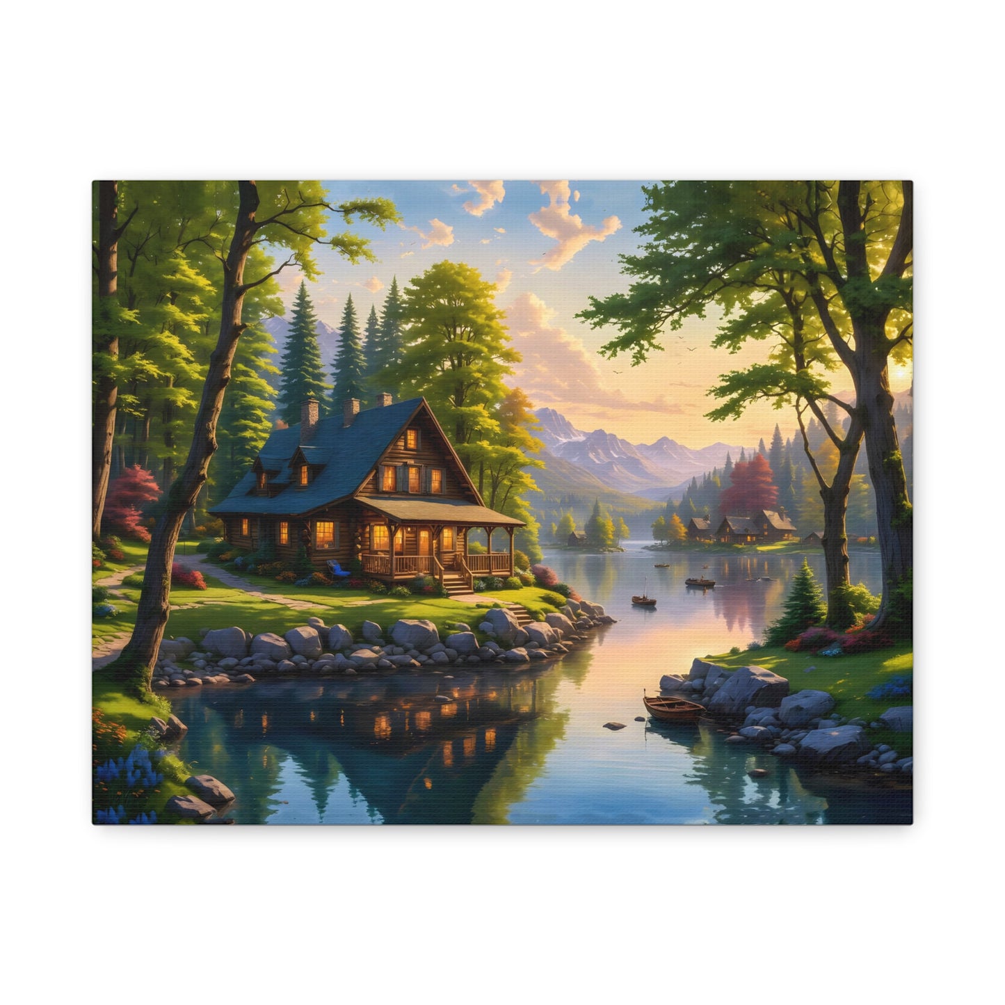 Canvas Wall Art - Cabin on the Lake, Thomas Kinkade Homage