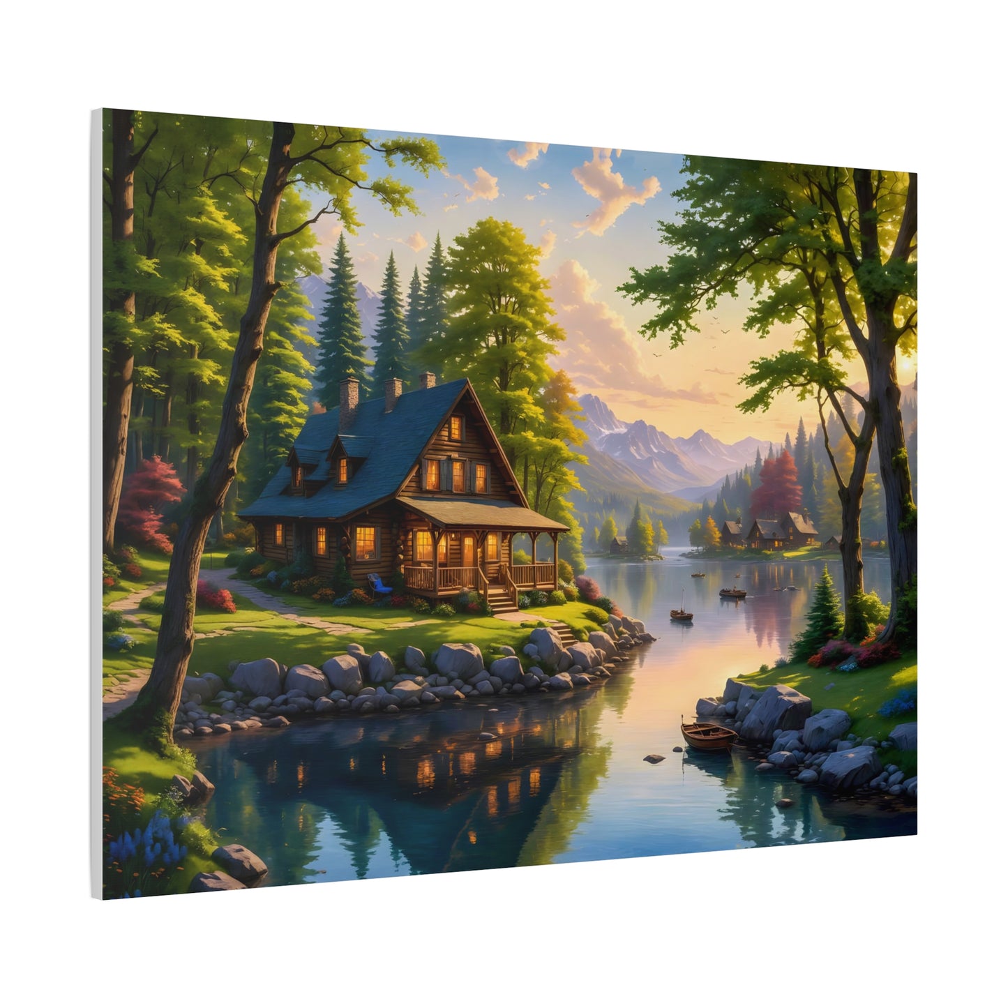 Canvas Wall Art - Cabin on the Lake, Thomas Kinkade Homage