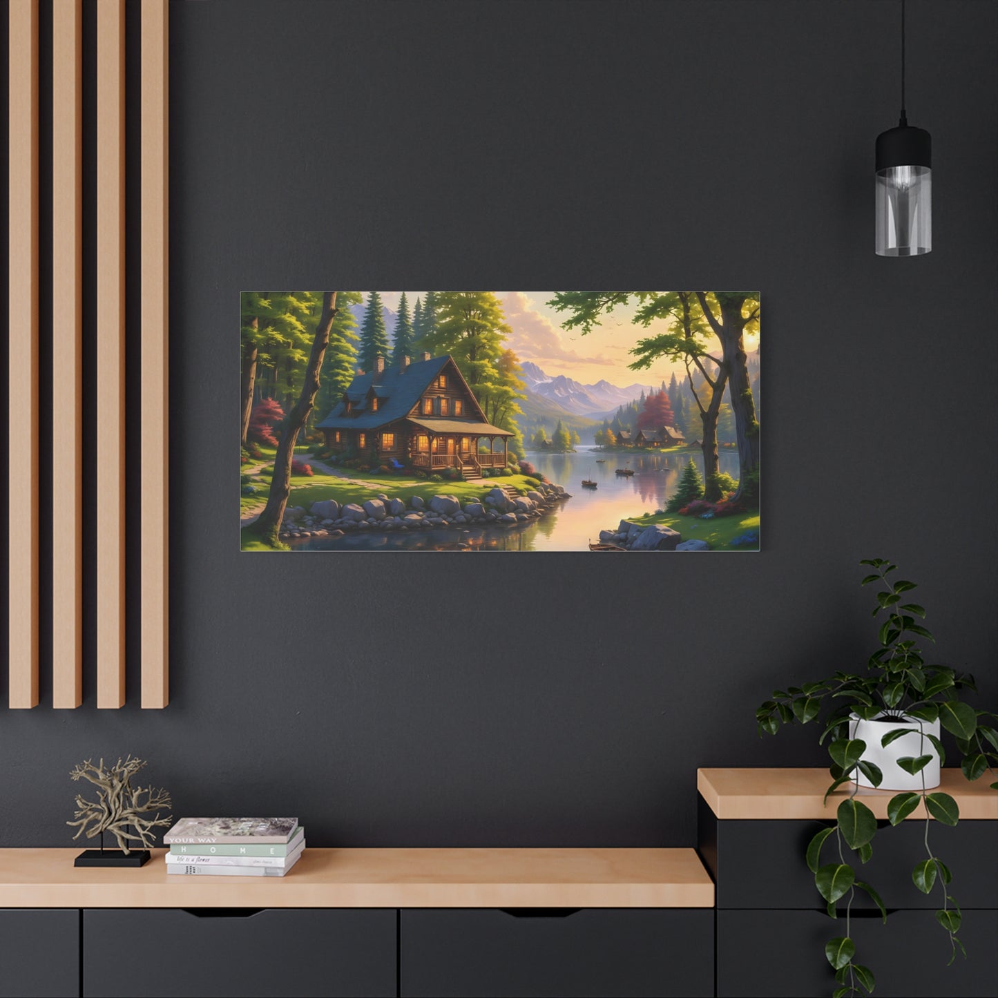 Canvas Wall Art - Cabin on the Lake, Thomas Kinkade Homage