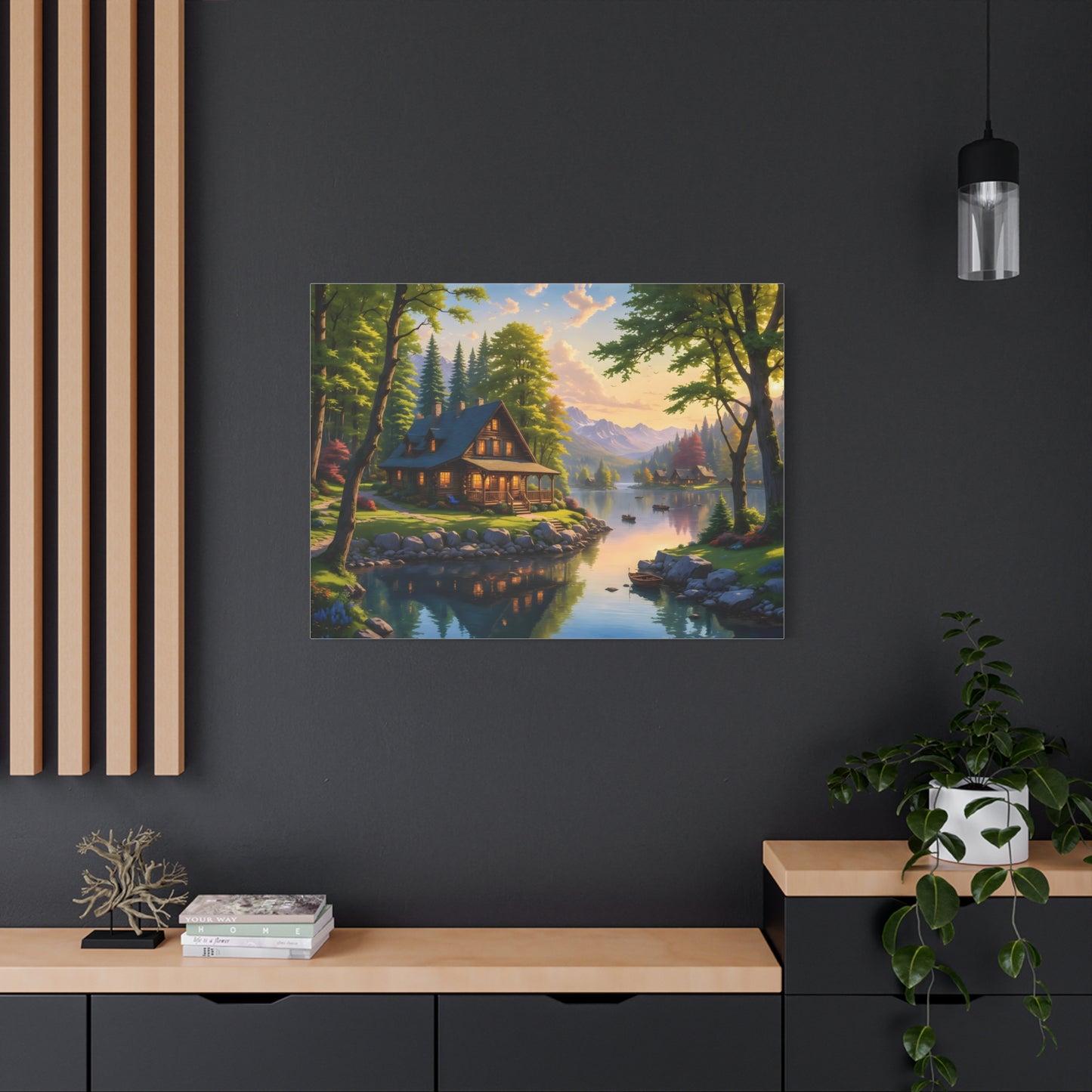 Canvas Wall Art - Cabin on the Lake, Thomas Kinkade Homage