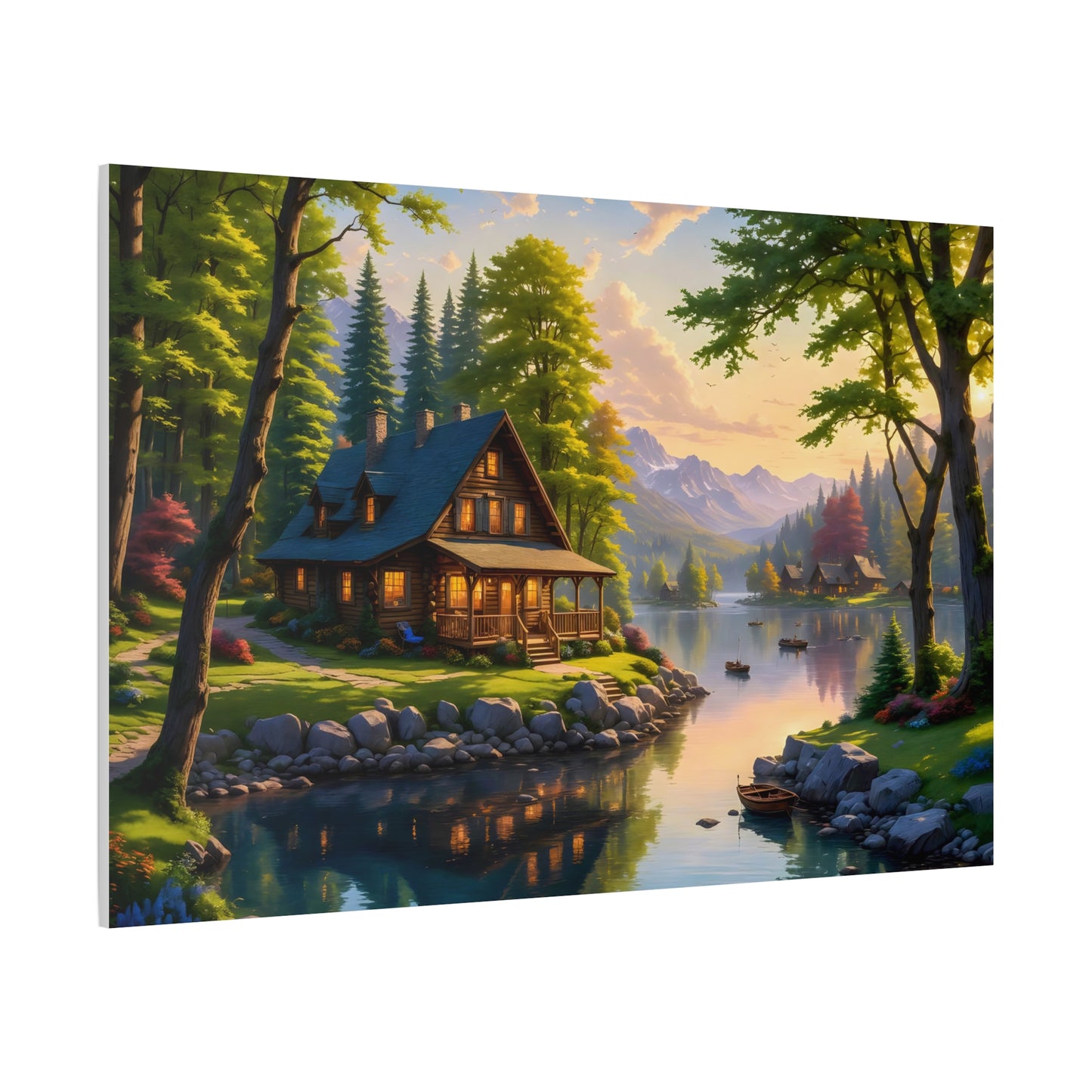 Canvas Wall Art - Cabin on the Lake, Thomas Kinkade Homage