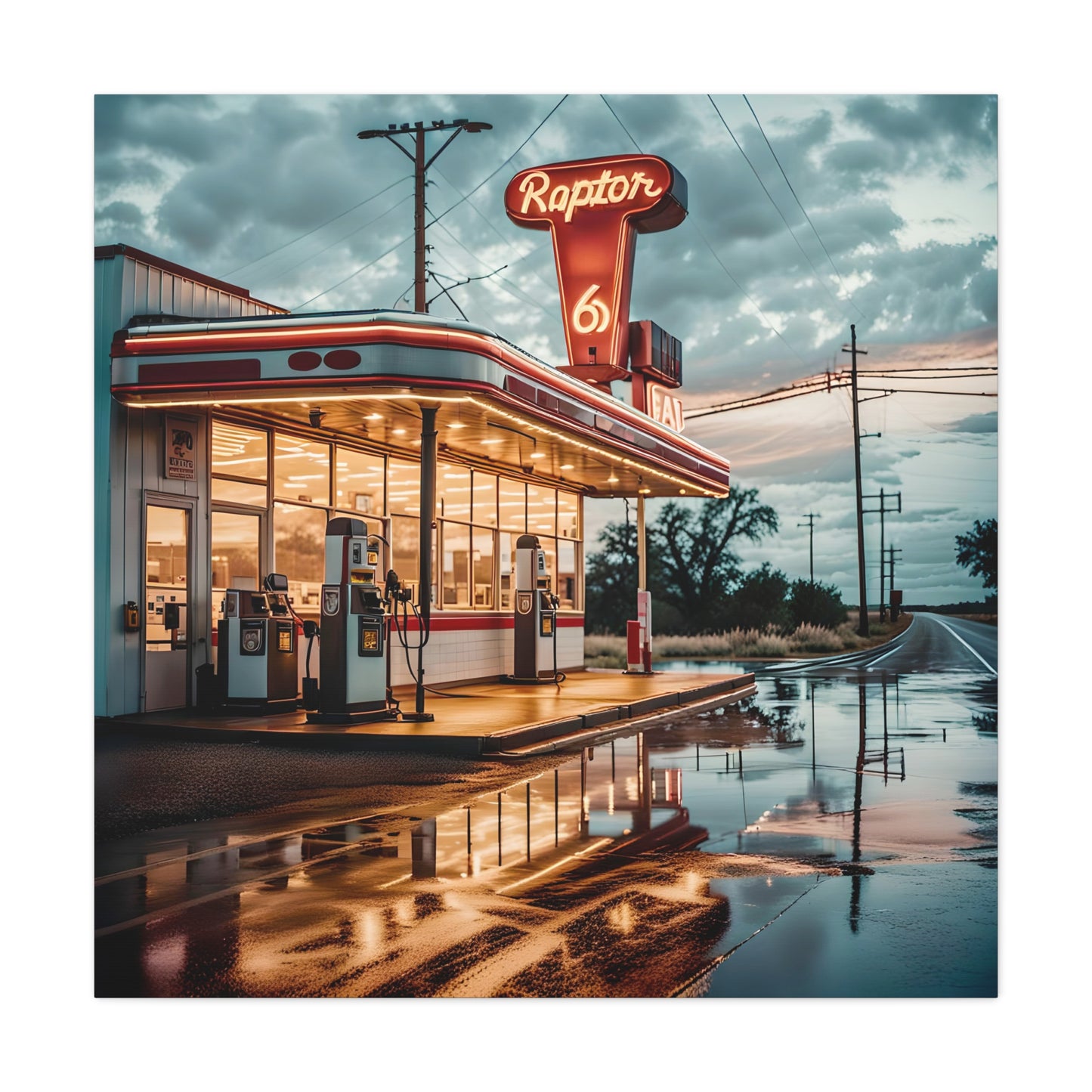 Canvas Print - Raptor Gas Station in the Mid West of USA, Homage to a Lost World