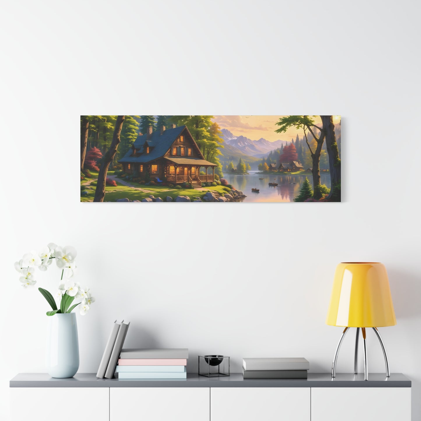 Canvas Wall Art - Cabin on the Lake, Thomas Kinkade Homage