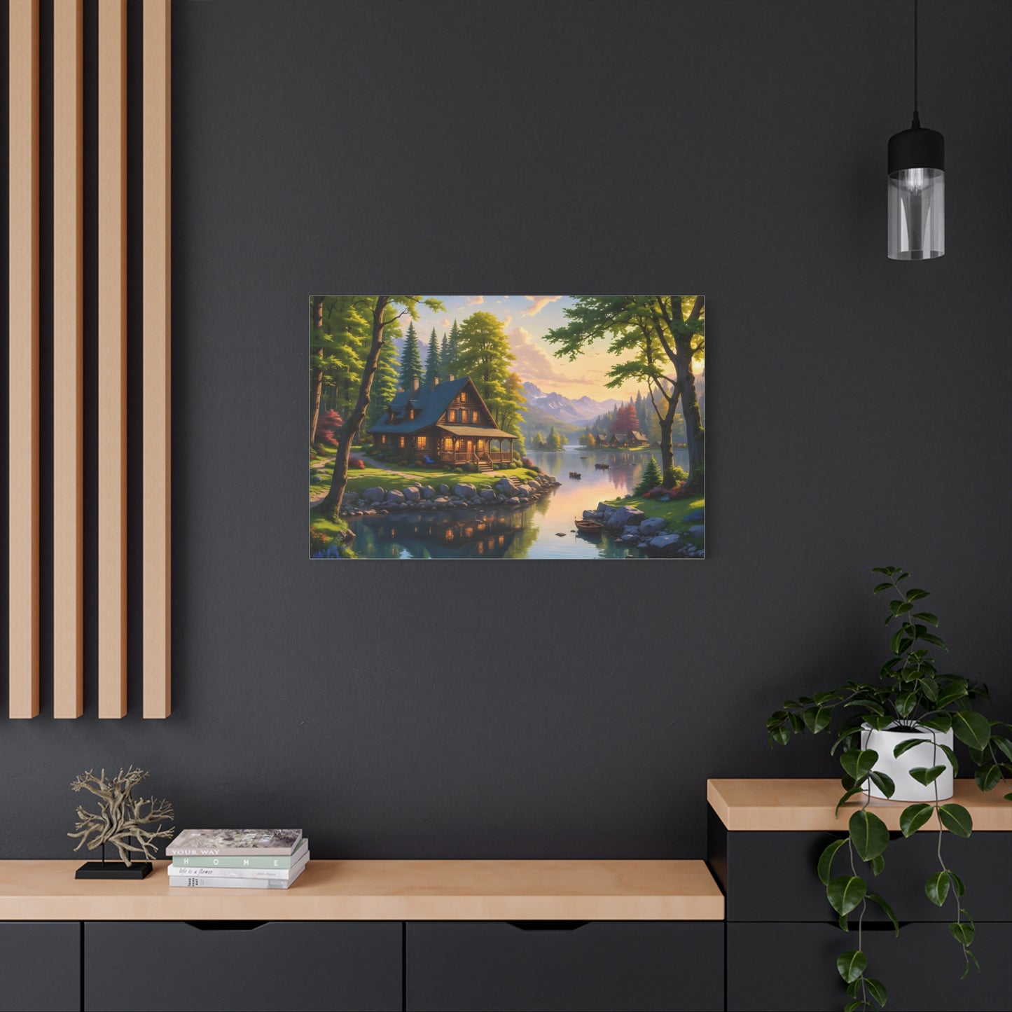 Canvas Wall Art - Cabin on the Lake, Thomas Kinkade Homage