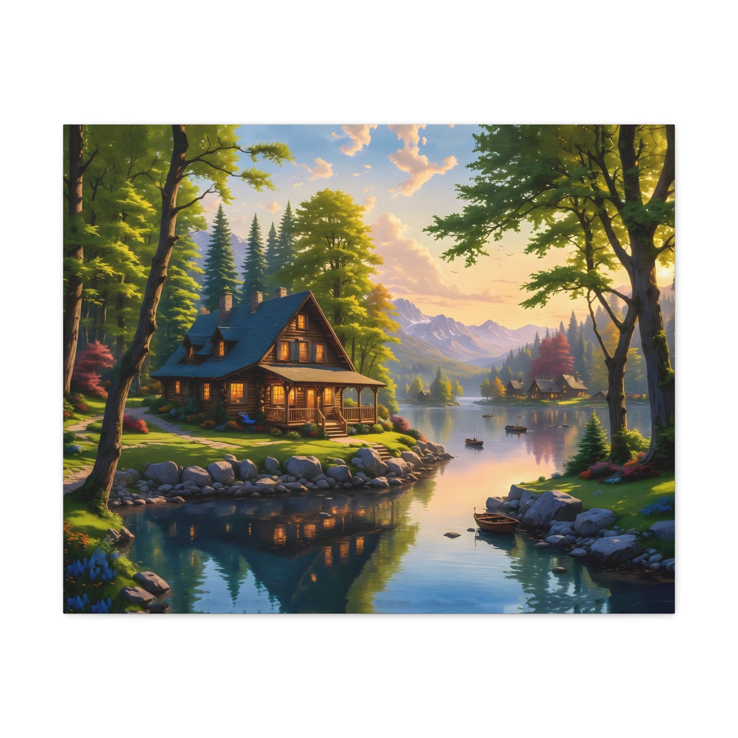 Canvas Wall Art - Cabin on the Lake, Thomas Kinkade Homage