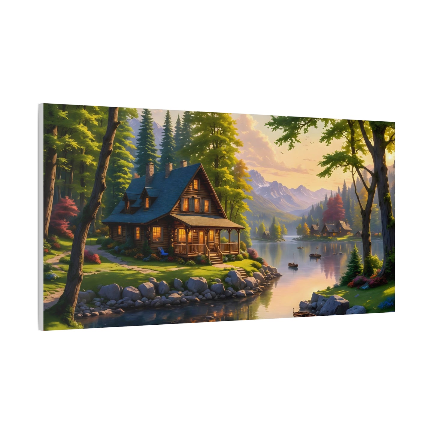 Canvas Wall Art - Cabin on the Lake, Thomas Kinkade Homage