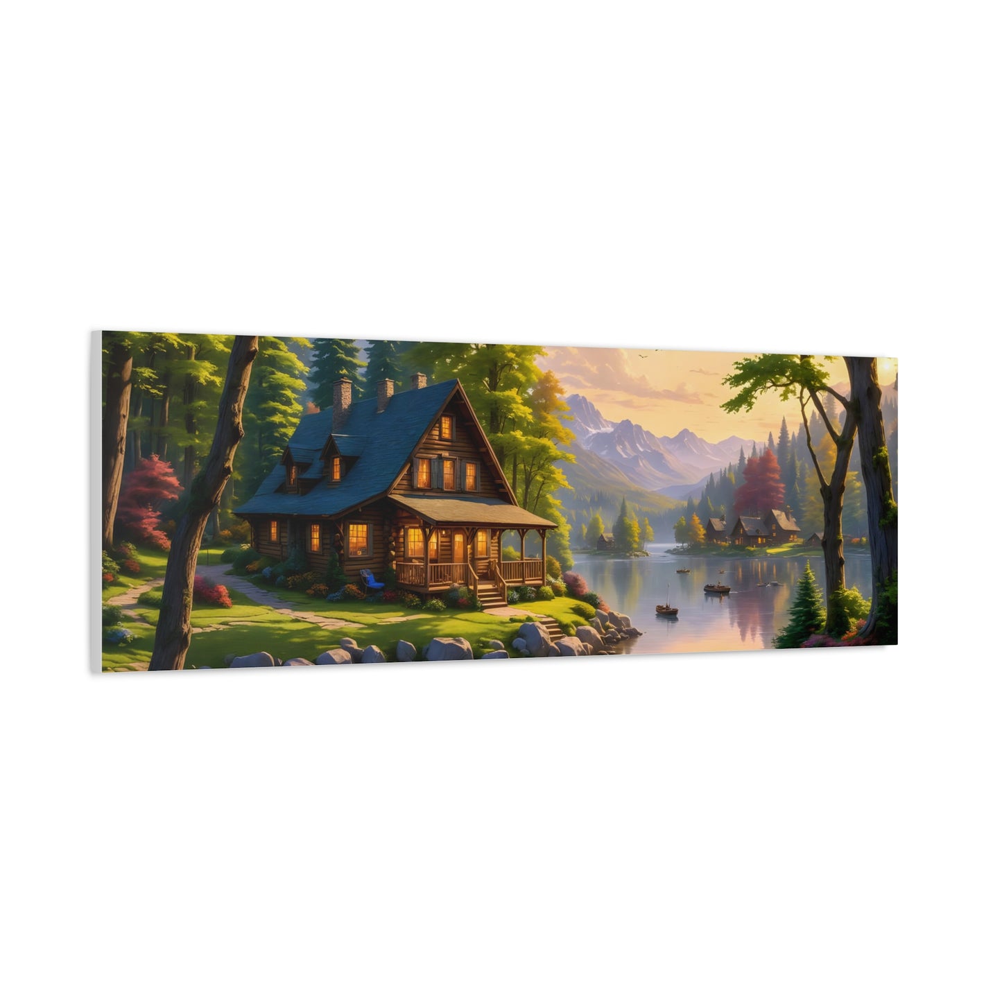 Canvas Wall Art - Cabin on the Lake, Thomas Kinkade Homage