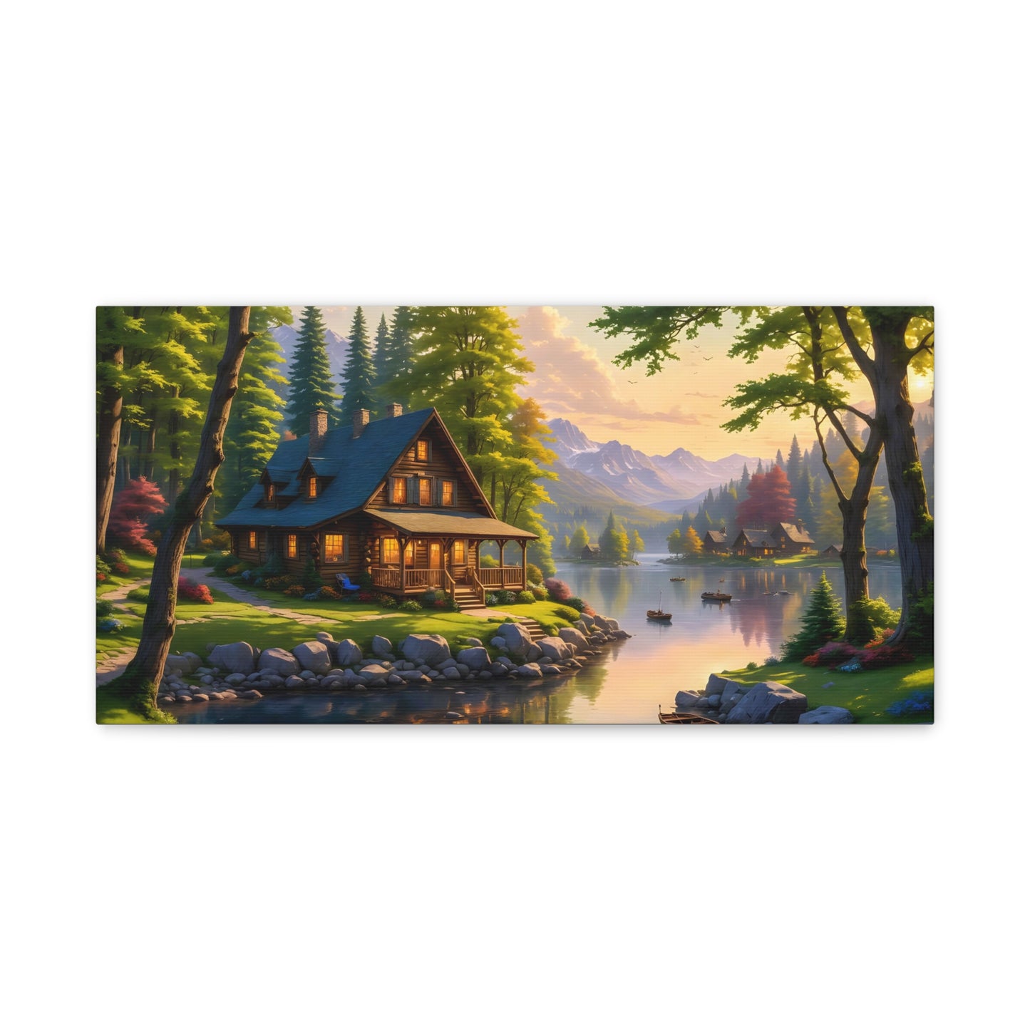 Canvas Wall Art - Cabin on the Lake, Thomas Kinkade Homage