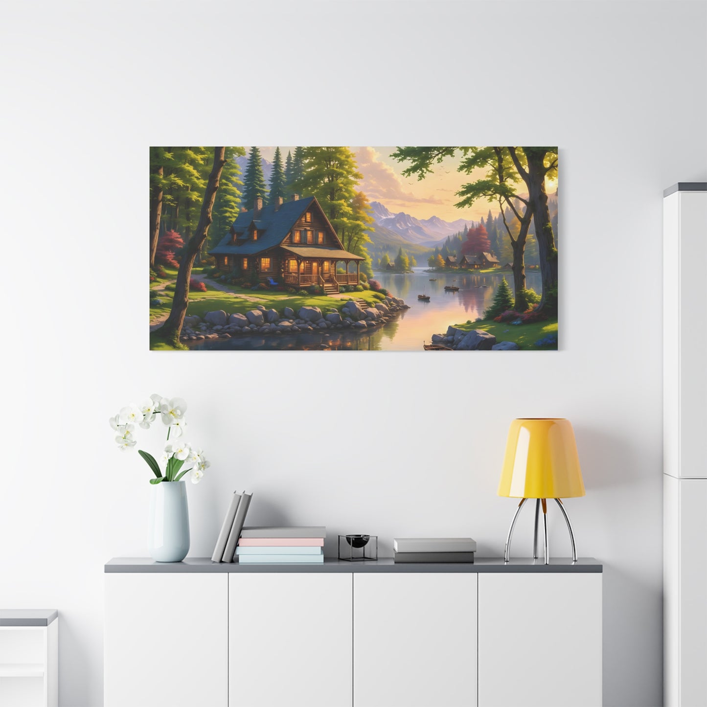 Canvas Wall Art - Cabin on the Lake, Thomas Kinkade Homage