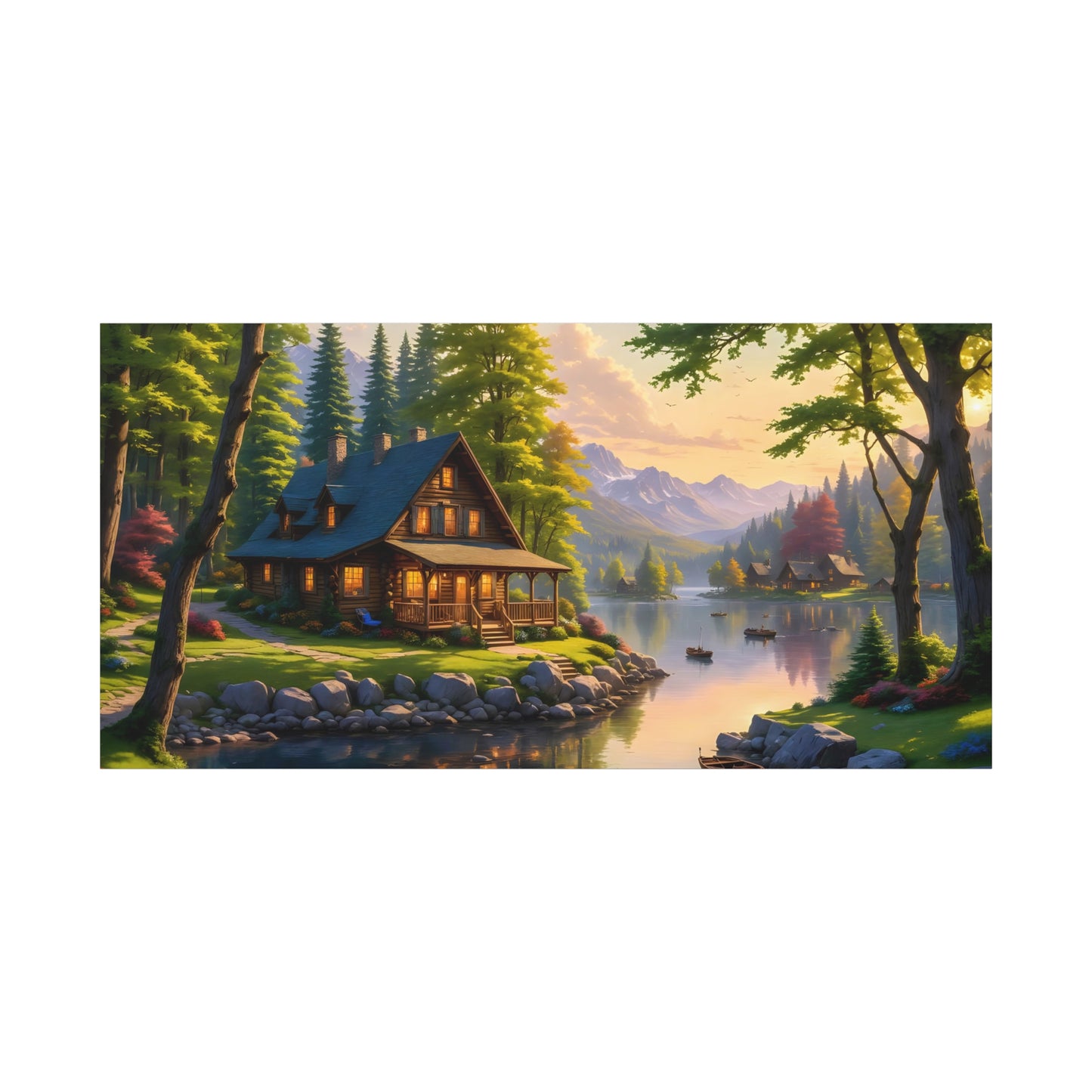 Canvas Wall Art - Cabin on the Lake, Thomas Kinkade Homage