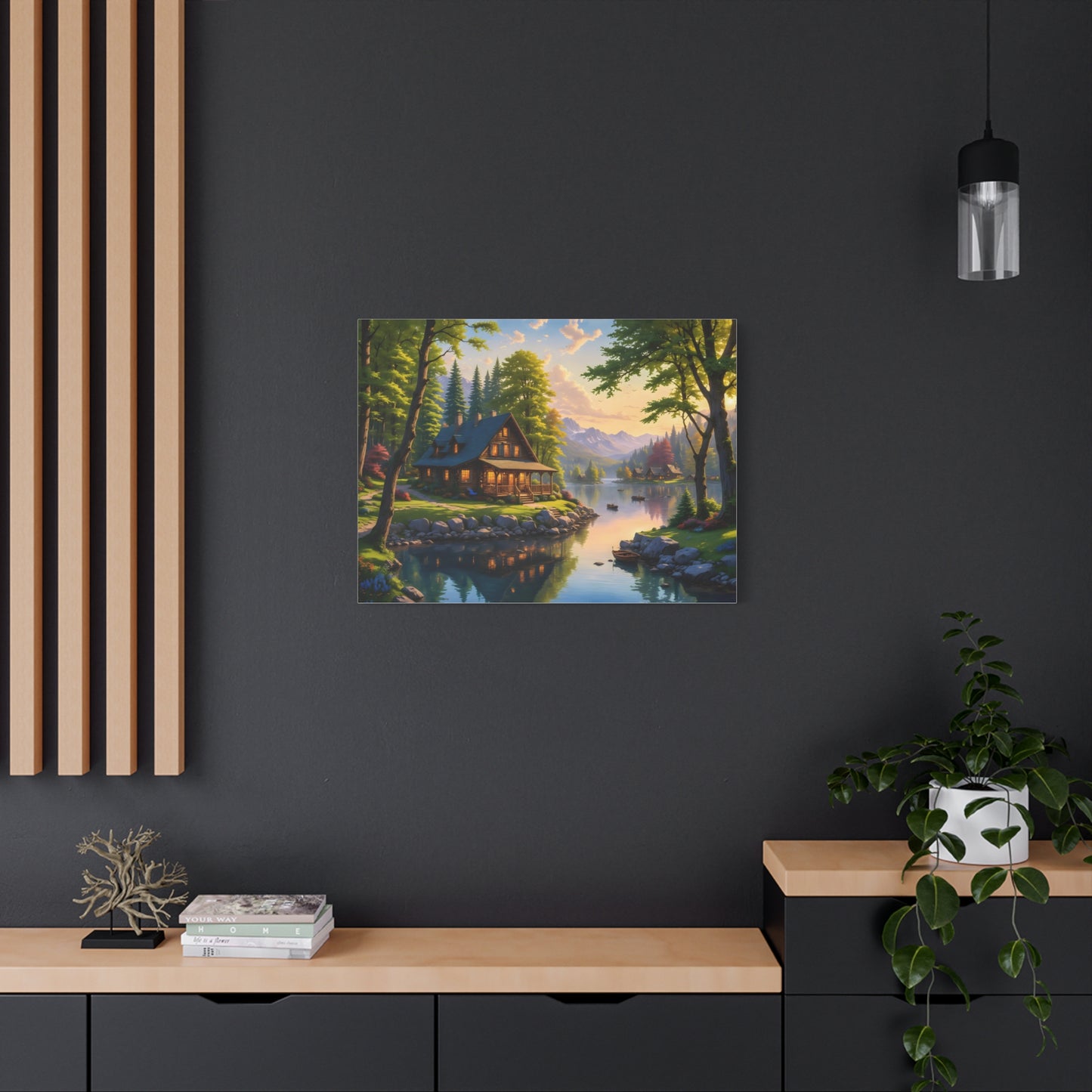 Canvas Wall Art - Cabin on the Lake, Thomas Kinkade Homage