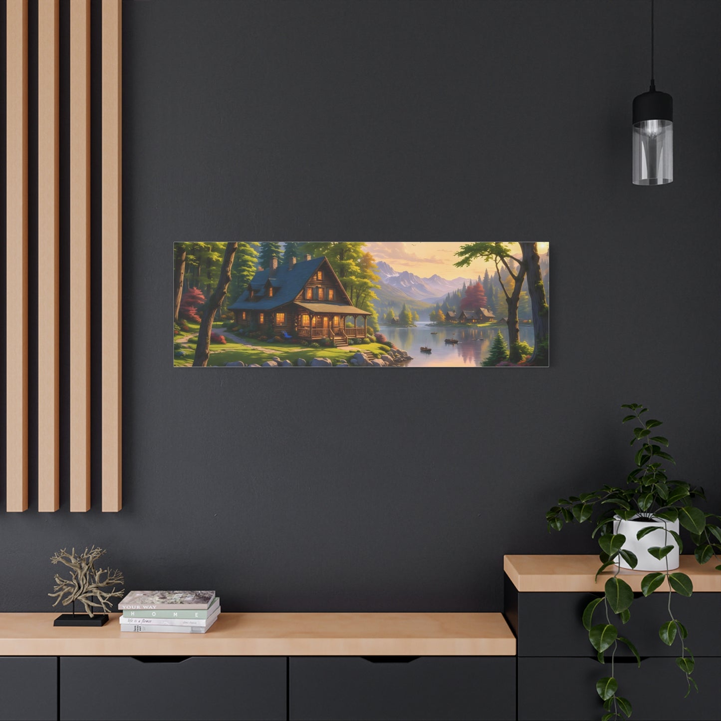 Canvas Wall Art - Cabin on the Lake, Thomas Kinkade Homage