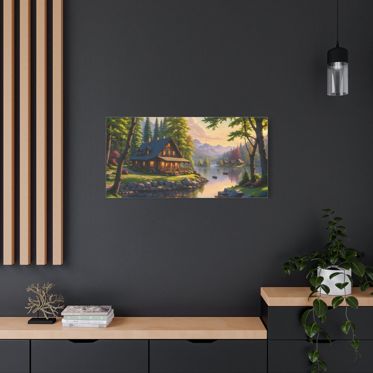 Canvas Wall Art - Cabin on the Lake, Thomas Kinkade Homage