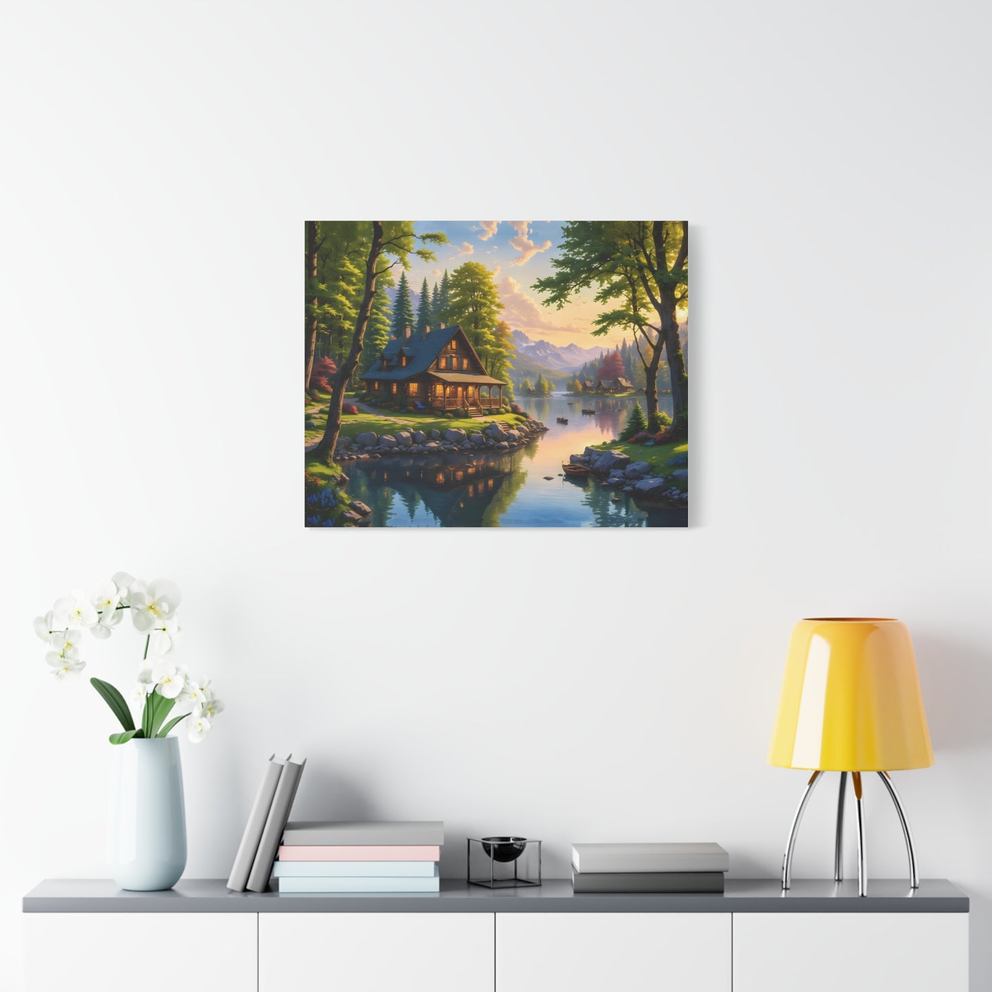 Canvas Wall Art - Cabin on the Lake, Thomas Kinkade Homage