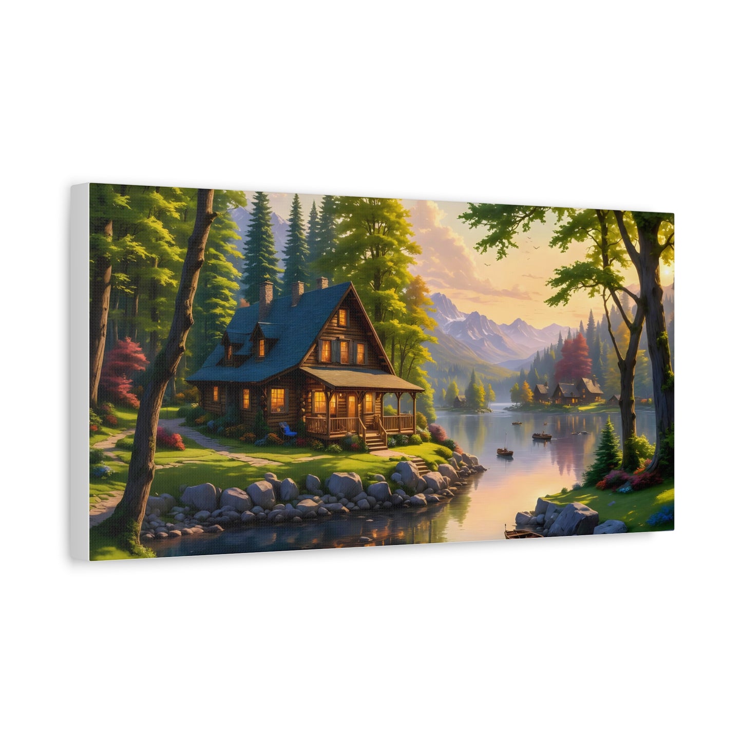 Canvas Wall Art - Cabin on the Lake, Thomas Kinkade Homage