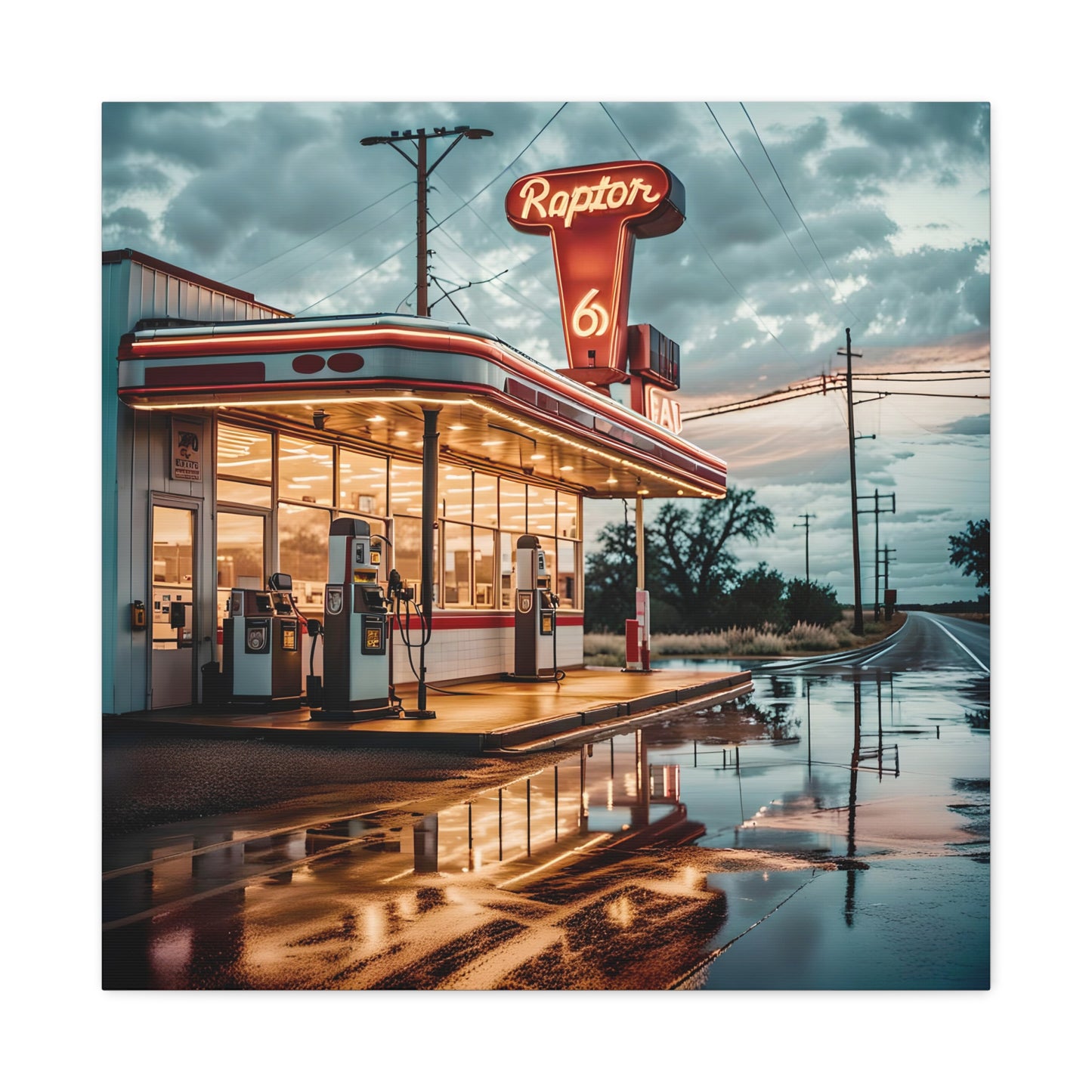 Canvas Print - Raptor Gas Station in the Mid West of USA, Homage to a Lost World