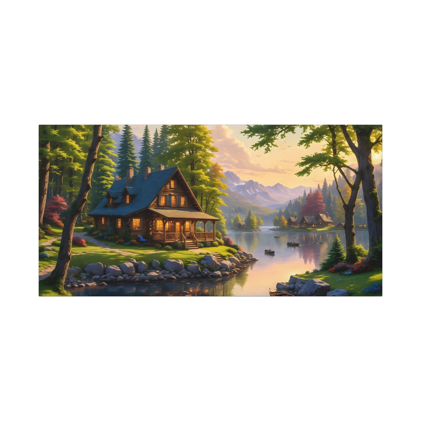 Canvas Wall Art - Cabin on the Lake, Thomas Kinkade Homage