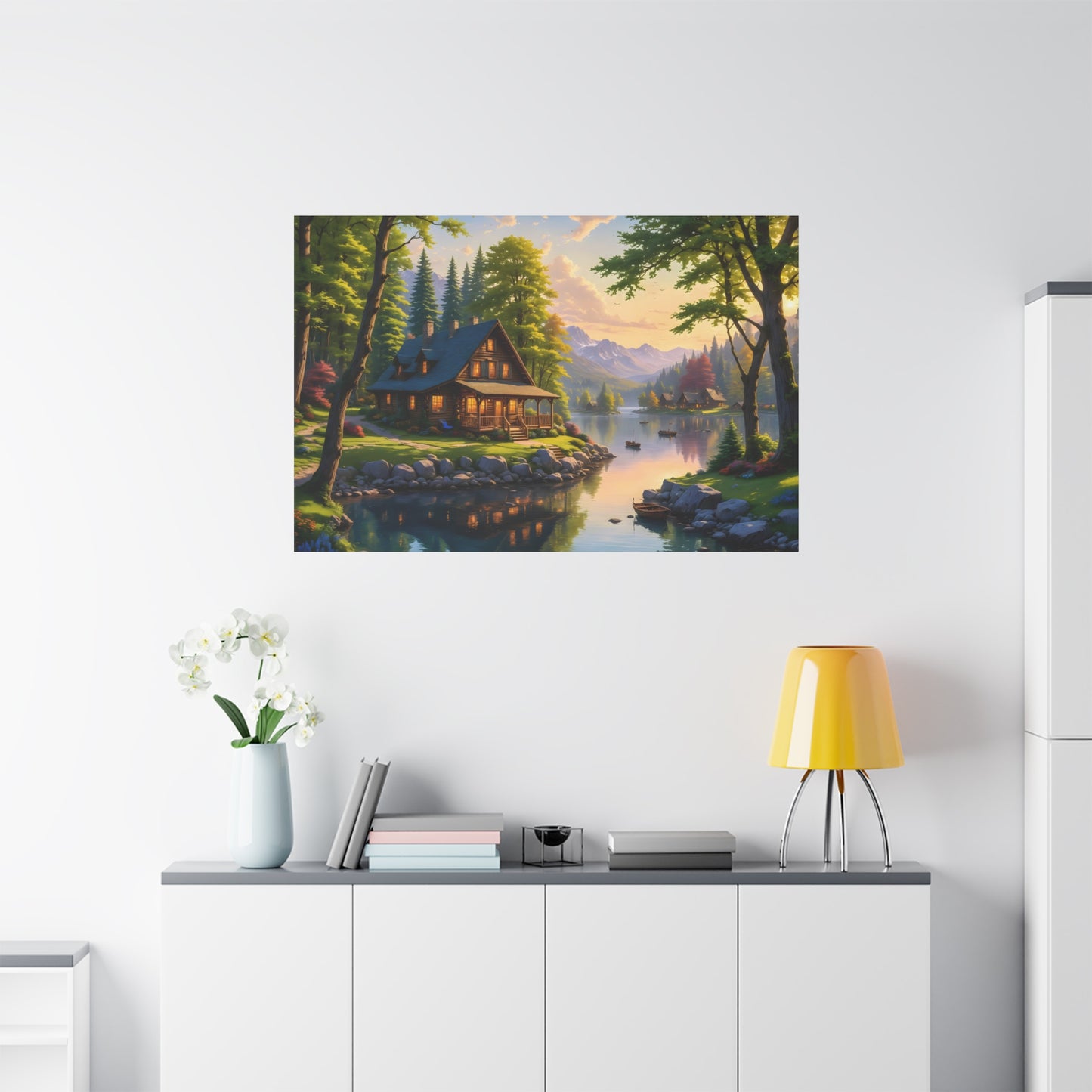 Canvas Wall Art - Cabin on the Lake, Thomas Kinkade Homage