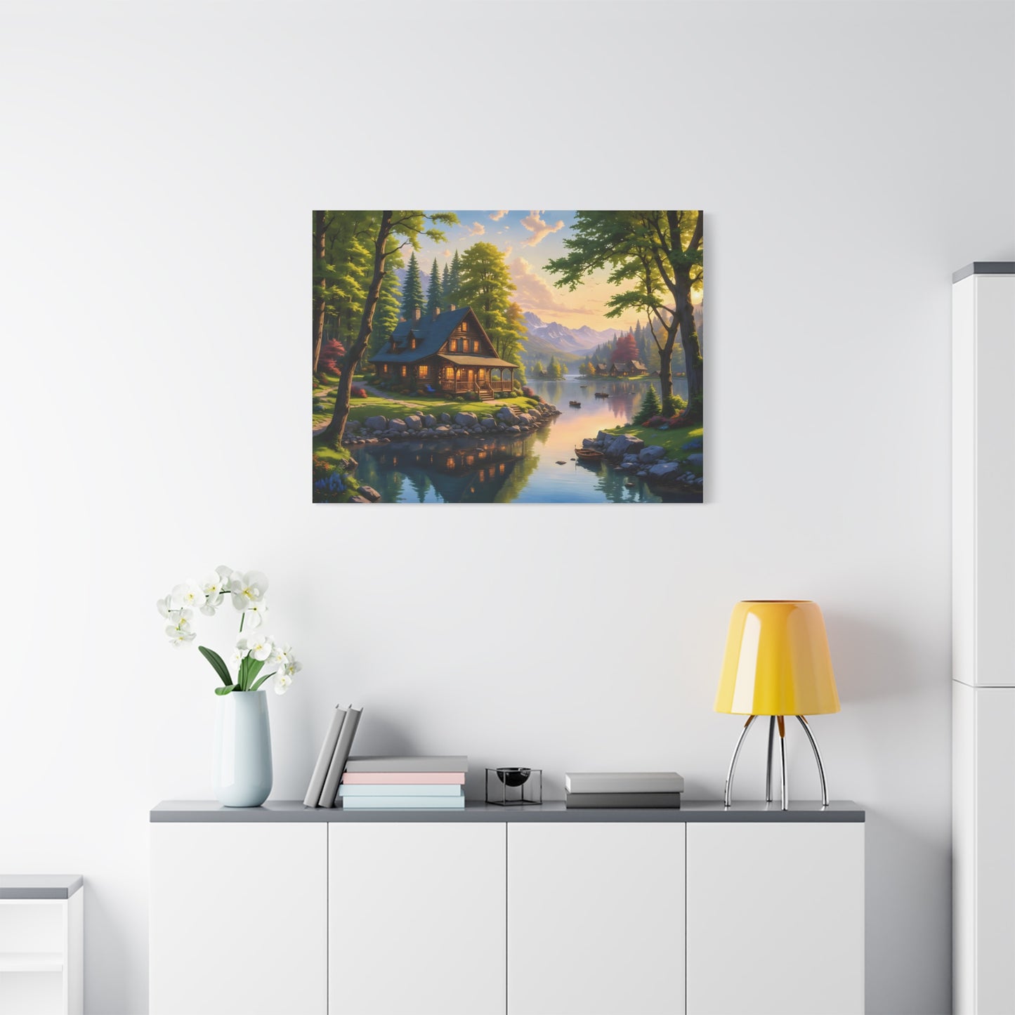 Canvas Wall Art - Cabin on the Lake, Thomas Kinkade Homage