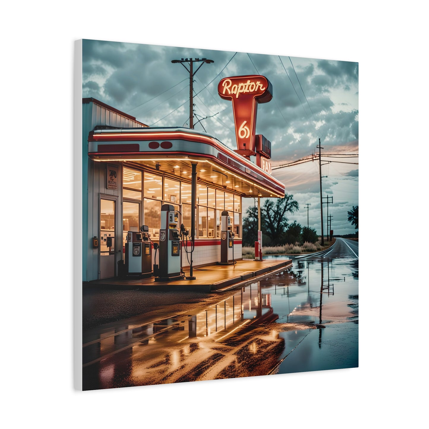 Canvas Print - Raptor Gas Station in the Mid West of USA, Homage to a Lost World