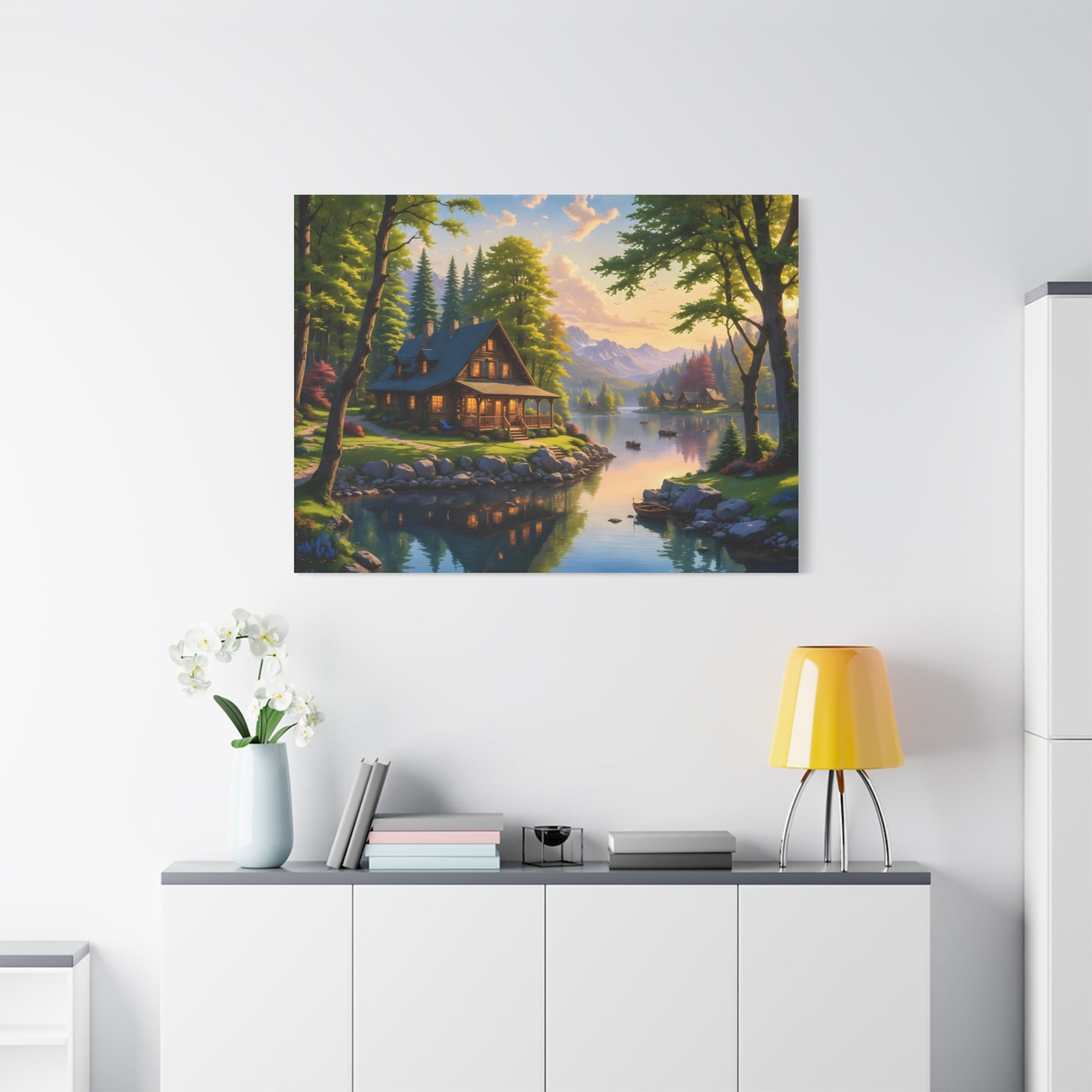 Canvas Wall Art - Cabin on the Lake, Thomas Kinkade Homage