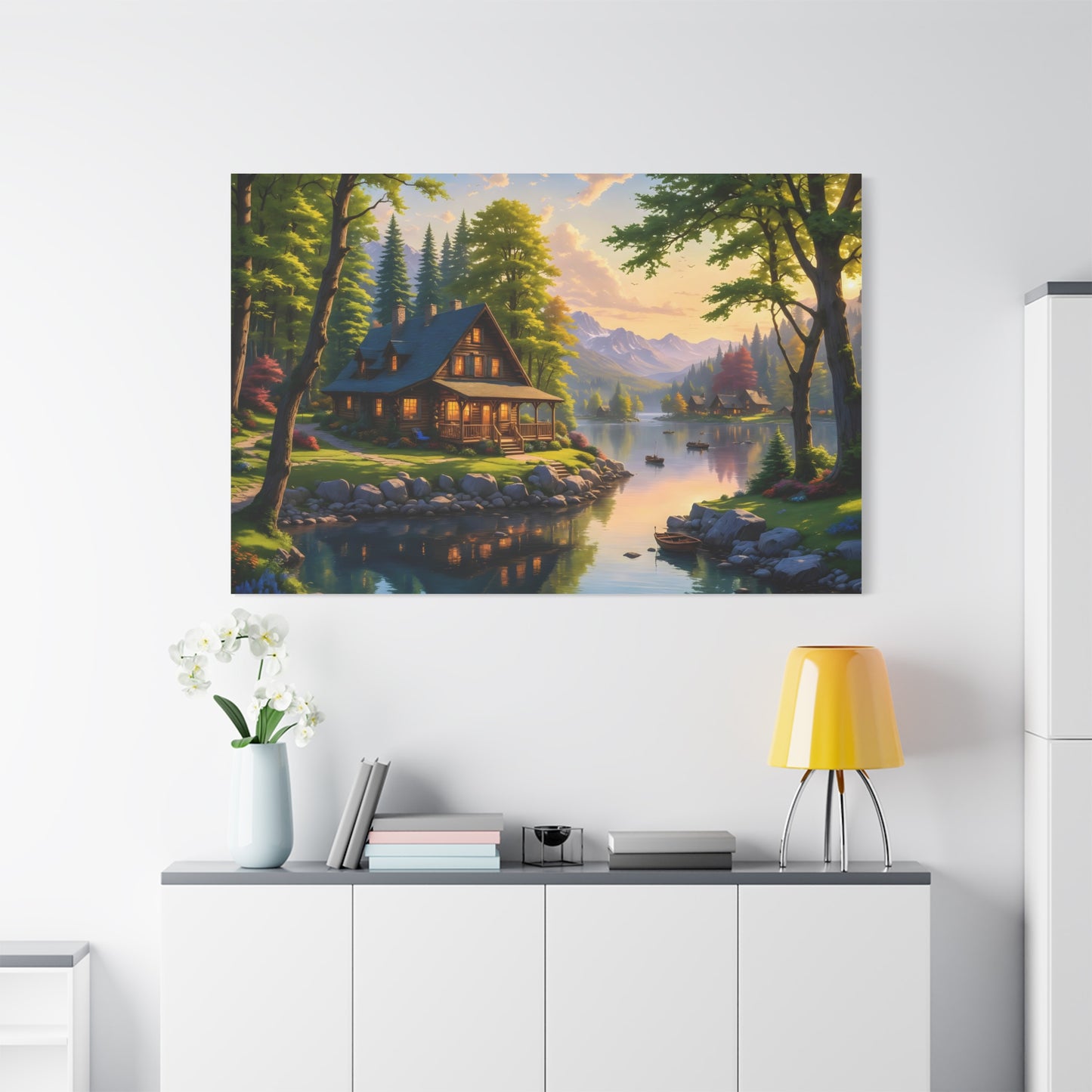 Canvas Wall Art - Cabin on the Lake, Thomas Kinkade Homage