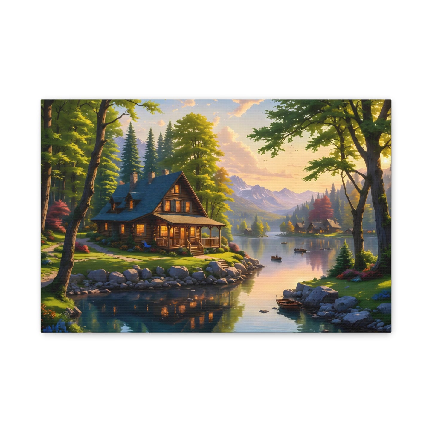 Canvas Wall Art - Cabin on the Lake, Thomas Kinkade Homage