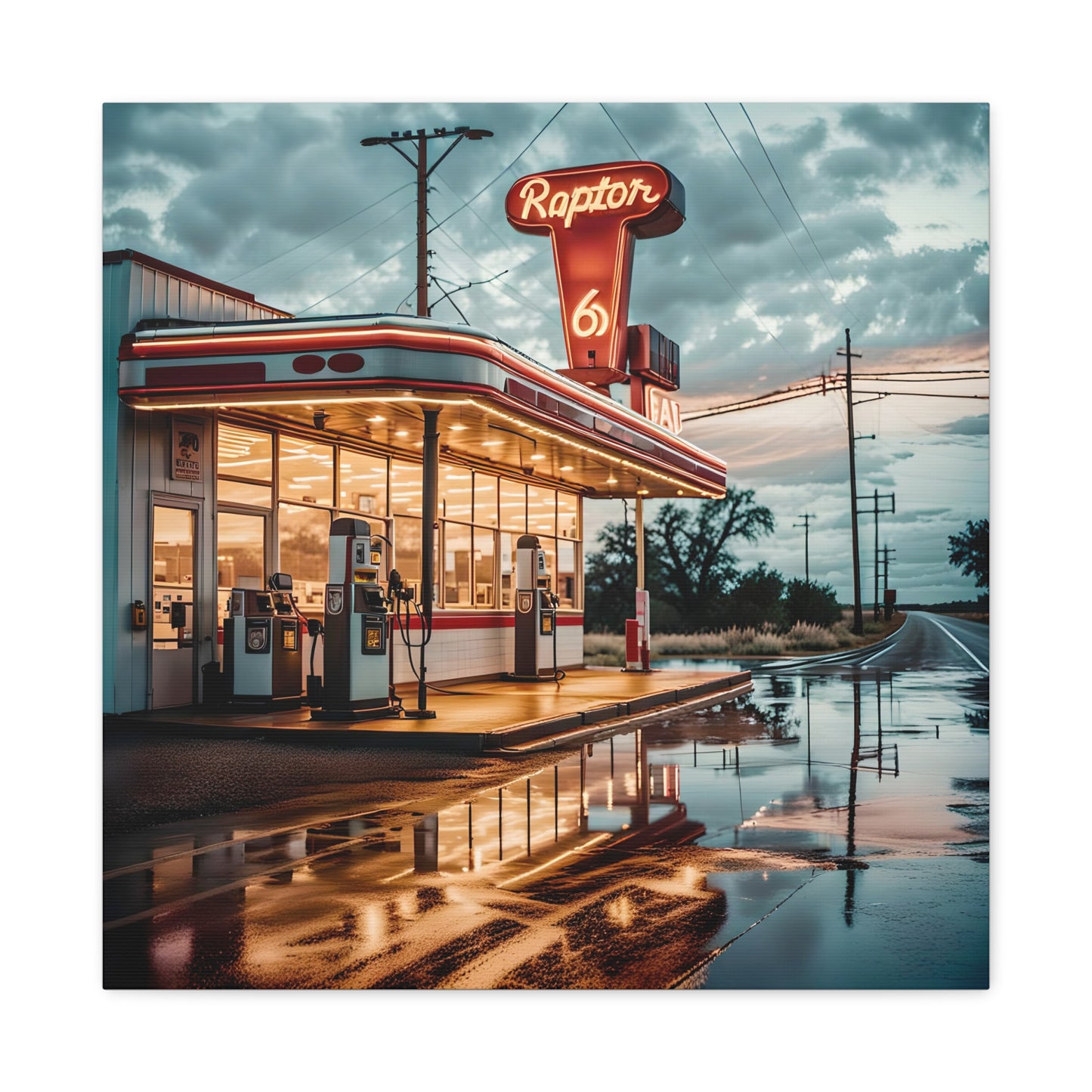 Canvas Print - Raptor Gas Station in the Mid West of USA, Homage to a Lost World