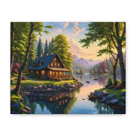 Canvas Wall Art - Cabin on the Lake, Thomas Kinkade Homage