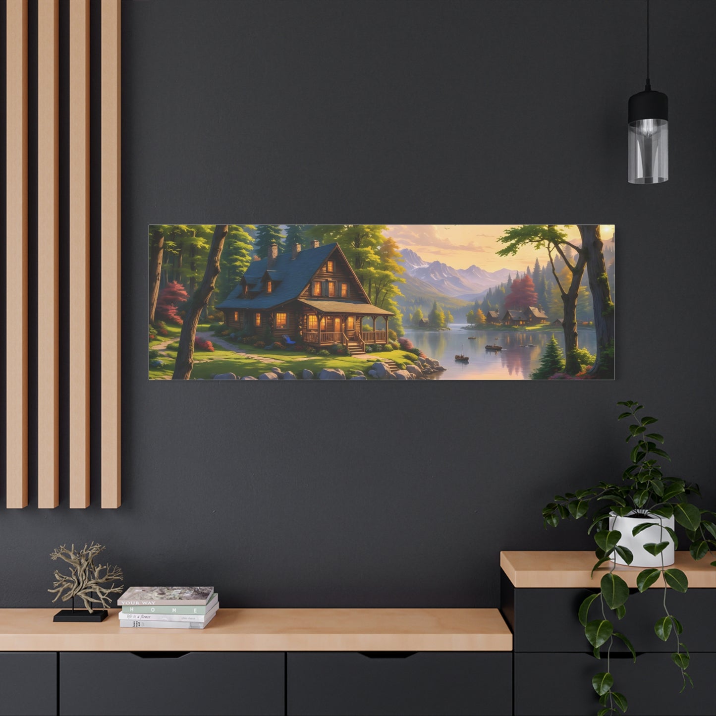 Canvas Wall Art - Cabin on the Lake, Thomas Kinkade Homage