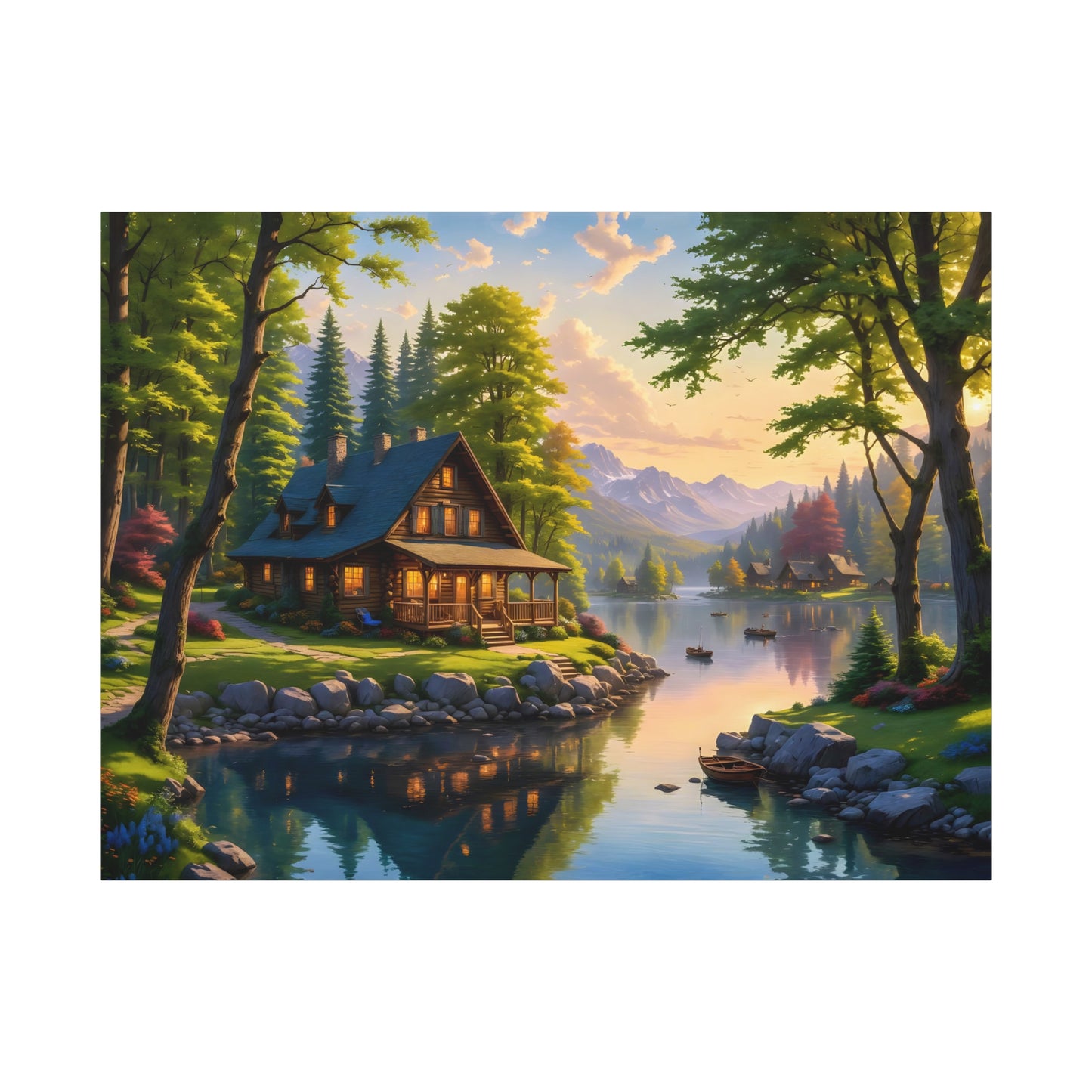 Canvas Wall Art - Cabin on the Lake, Thomas Kinkade Homage