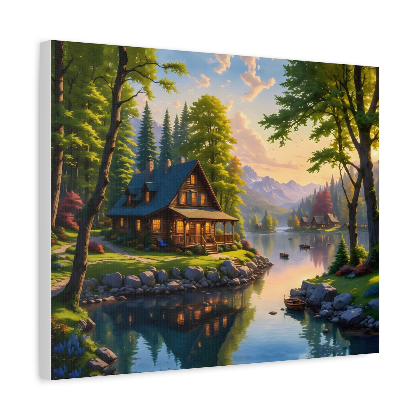 Canvas Wall Art - Cabin on the Lake, Thomas Kinkade Homage