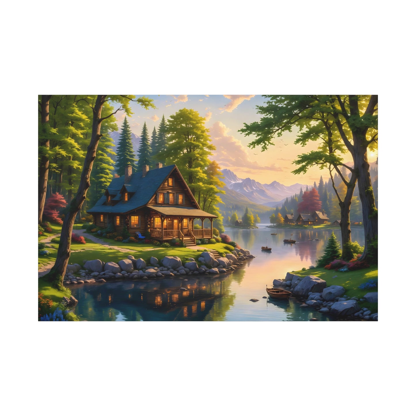 Canvas Wall Art - Cabin on the Lake, Thomas Kinkade Homage