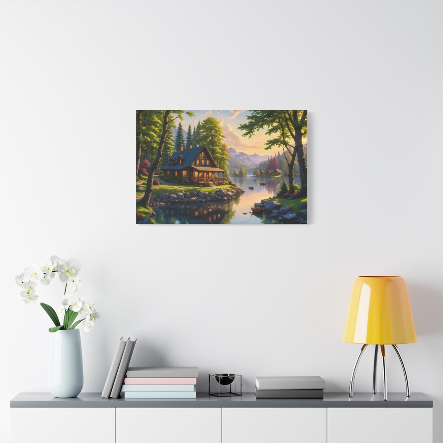 Canvas Wall Art - Cabin on the Lake, Thomas Kinkade Homage