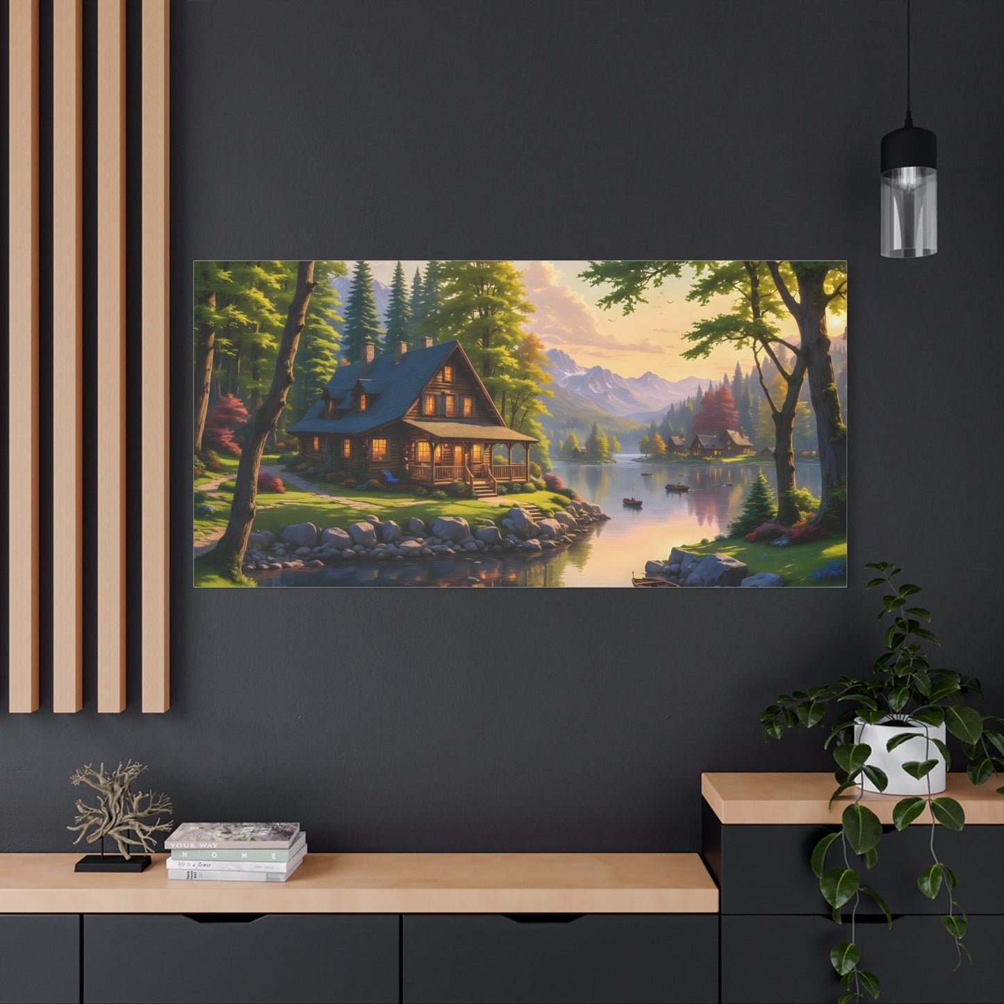 Canvas Wall Art - Cabin on the Lake, Thomas Kinkade Homage