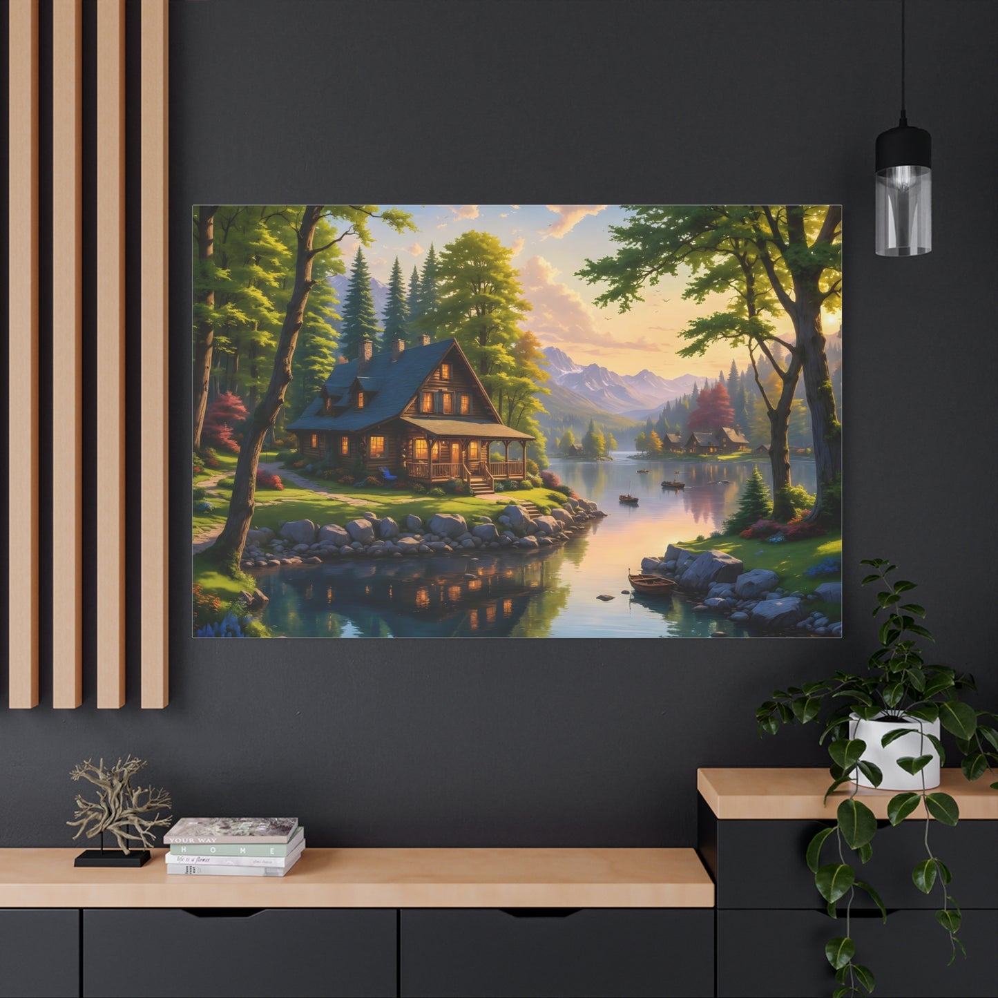 Canvas Wall Art - Cabin on the Lake, Thomas Kinkade Homage