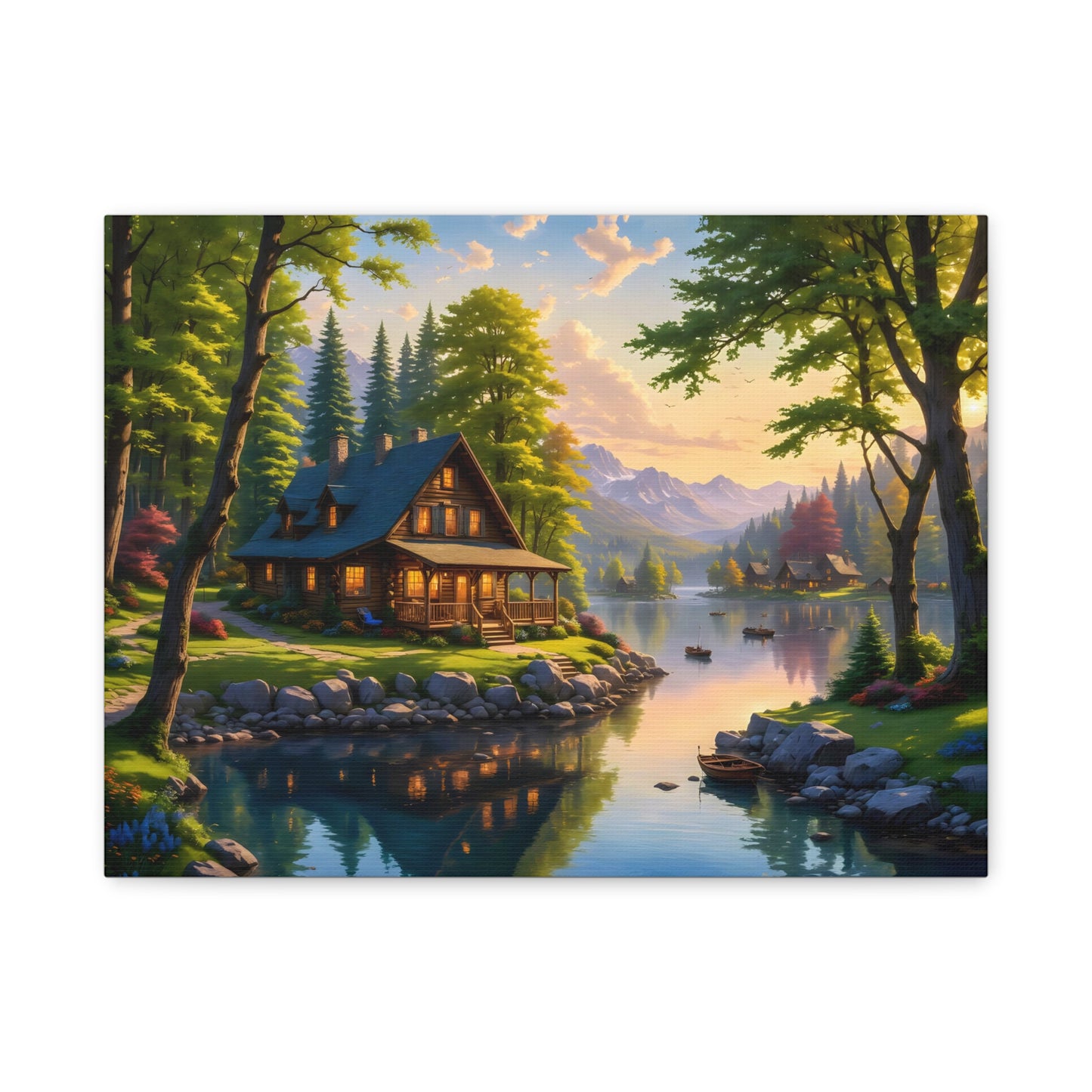 Canvas Wall Art - Cabin on the Lake, Thomas Kinkade Homage