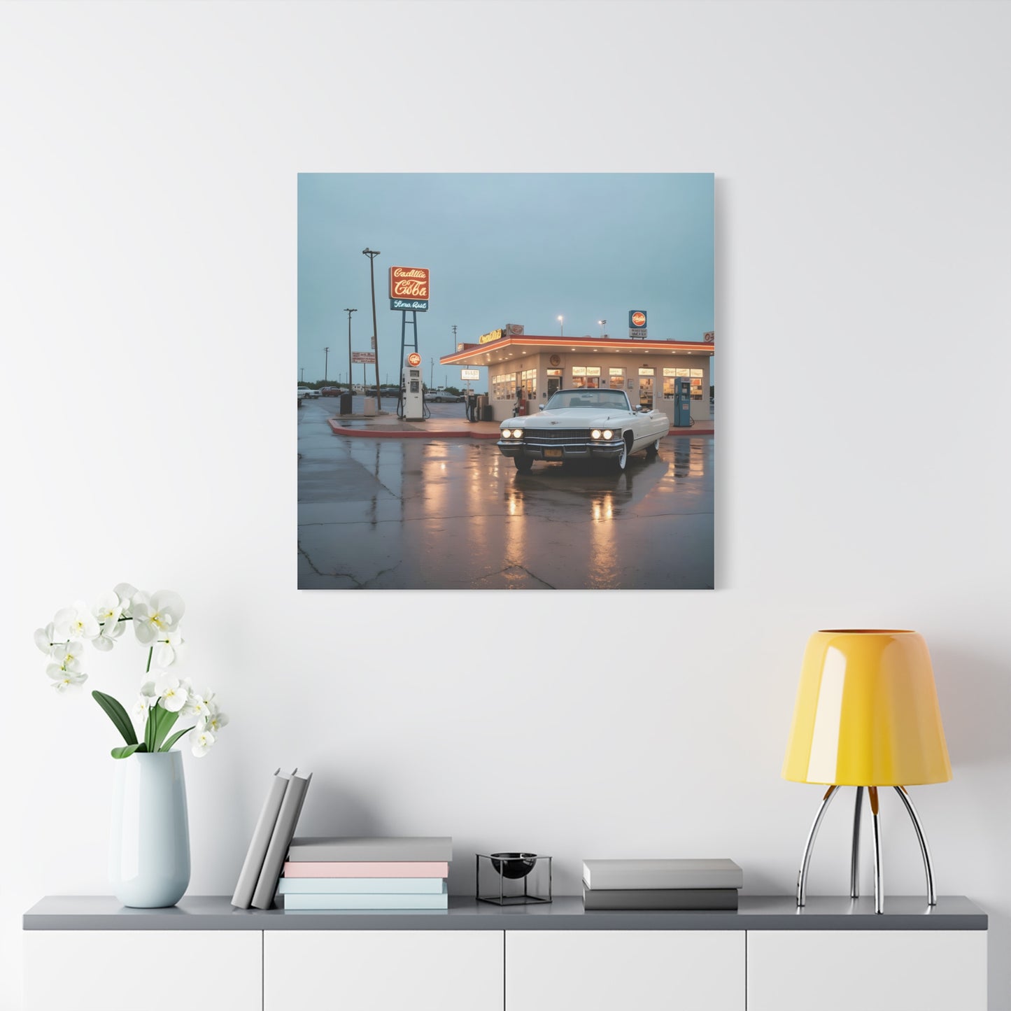 Canvas Print - Cadillac de Ville in Gas Station at Evening