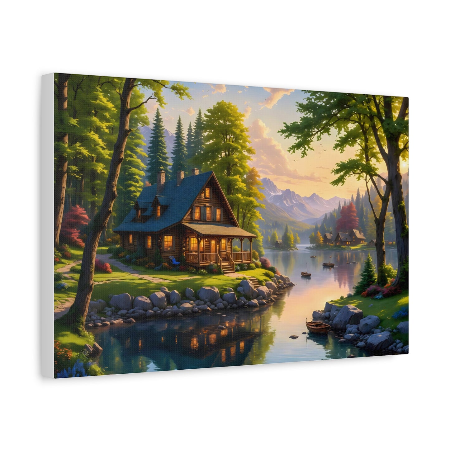 Canvas Wall Art - Cabin on the Lake, Thomas Kinkade Homage