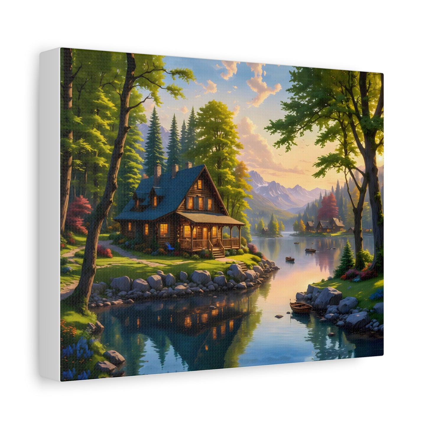 Canvas Wall Art - Cabin on the Lake, Thomas Kinkade Homage