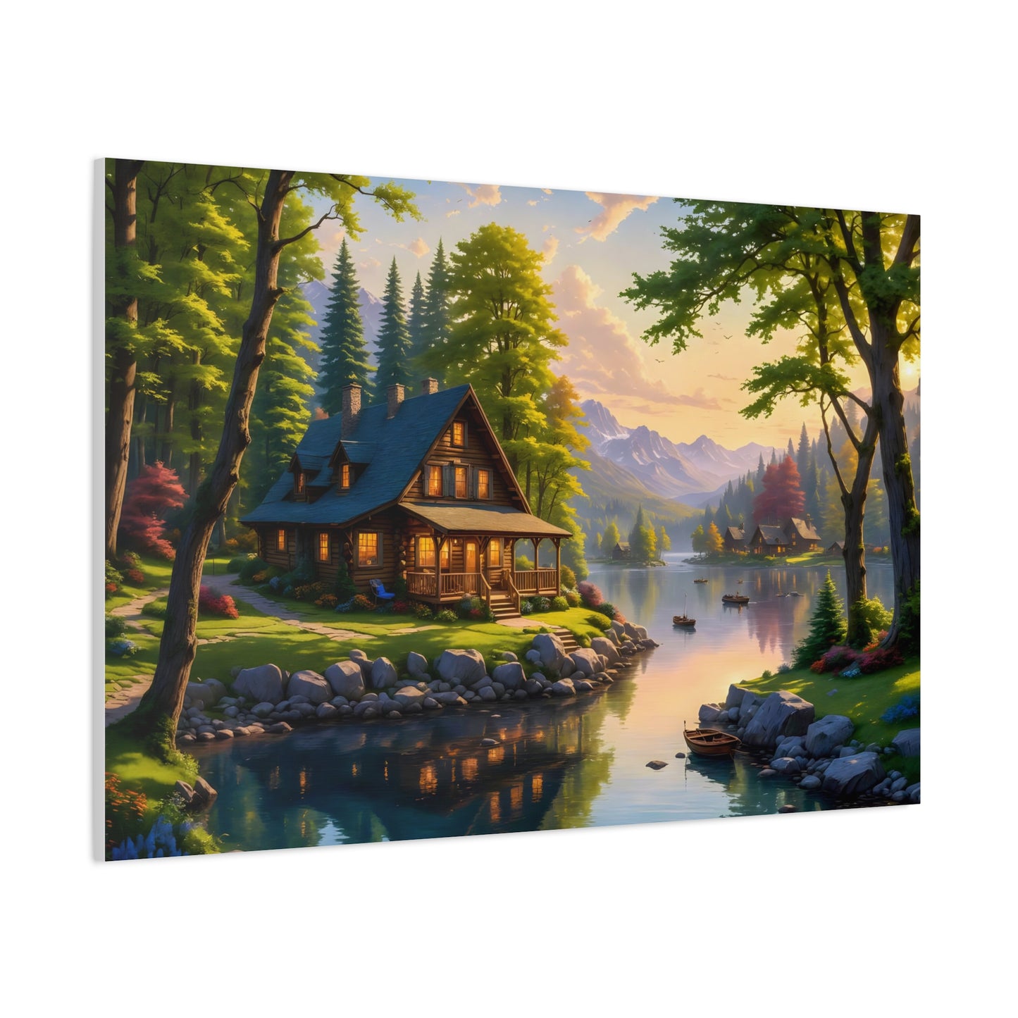 Canvas Wall Art - Cabin on the Lake, Thomas Kinkade Homage