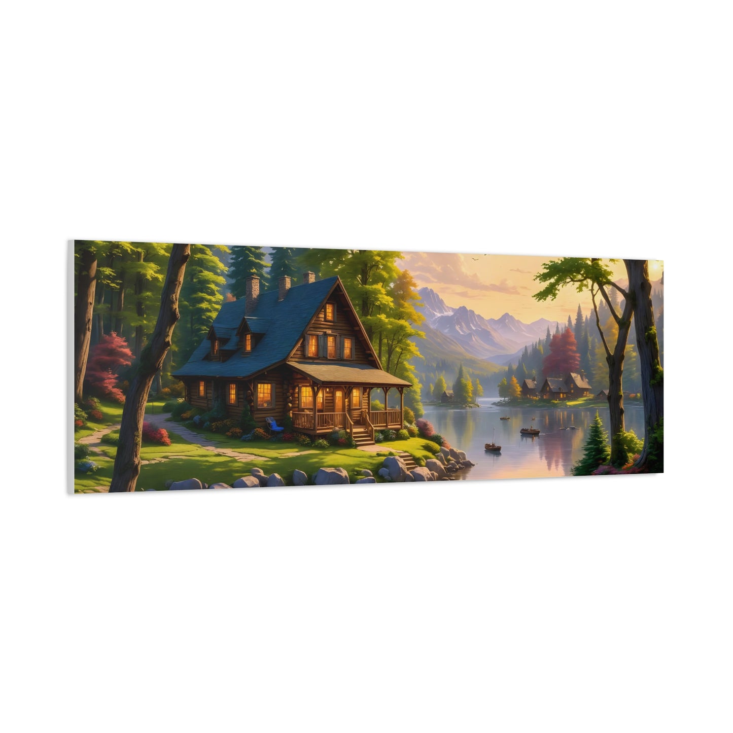 Canvas Wall Art - Cabin on the Lake, Thomas Kinkade Homage